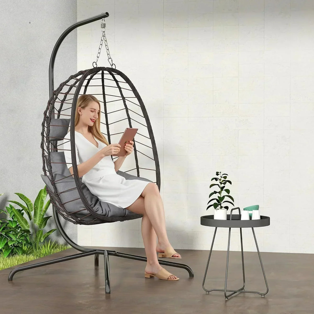 Hanging Egg Chair with Stand Swinging Egg Chair Outdoor Hanging Basket Chair with Cushion
