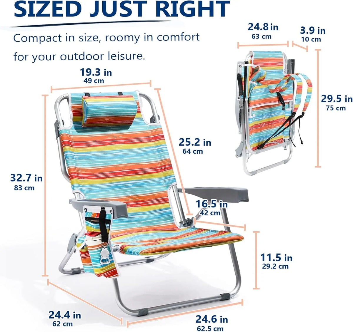 5-Position Aluminum Lay Flat Tall Backpack Beach Chairs 2 Pack Compact Portable Beach Chairs for Adults with Cooler Pouch, Storage Pouch, Towel Bar, Cup Holder & Phone Holder, Blue Stripe