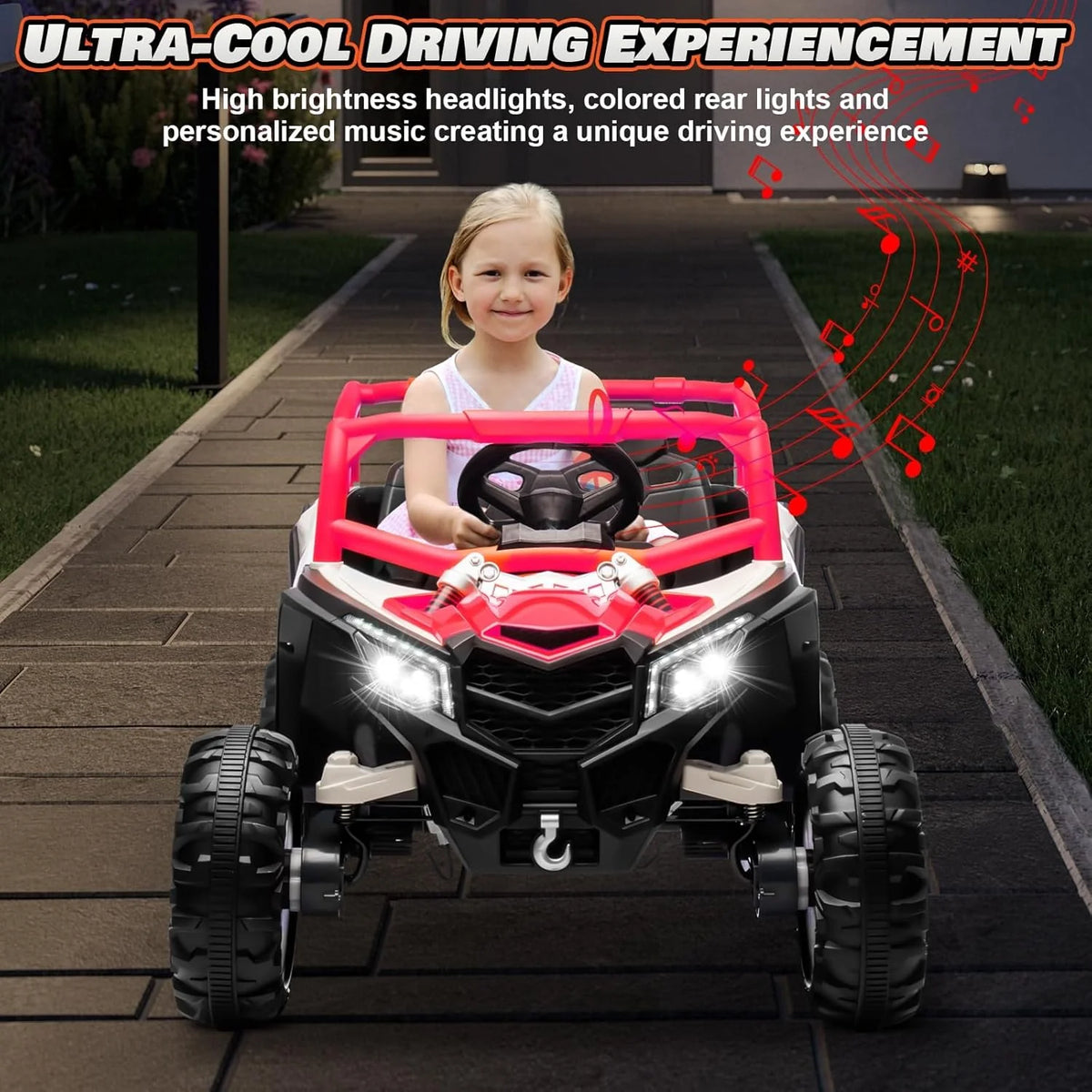 JOYRACER Kids Remote Control Car with 4 x 150W Motors, Shock Absorbers, Bluetooth, MP3 Player, and Headlights