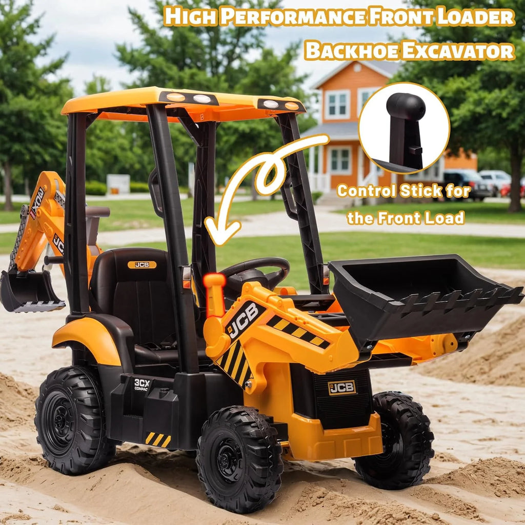 12V JCB Ride On Excavator, Ride on Toys for Kids 4-8, Electric Car for Kids with Tractor, Bulldozer, Digging Arm, Backhoe Toy Car with Slow Start/Stop, Adjustable Speeds