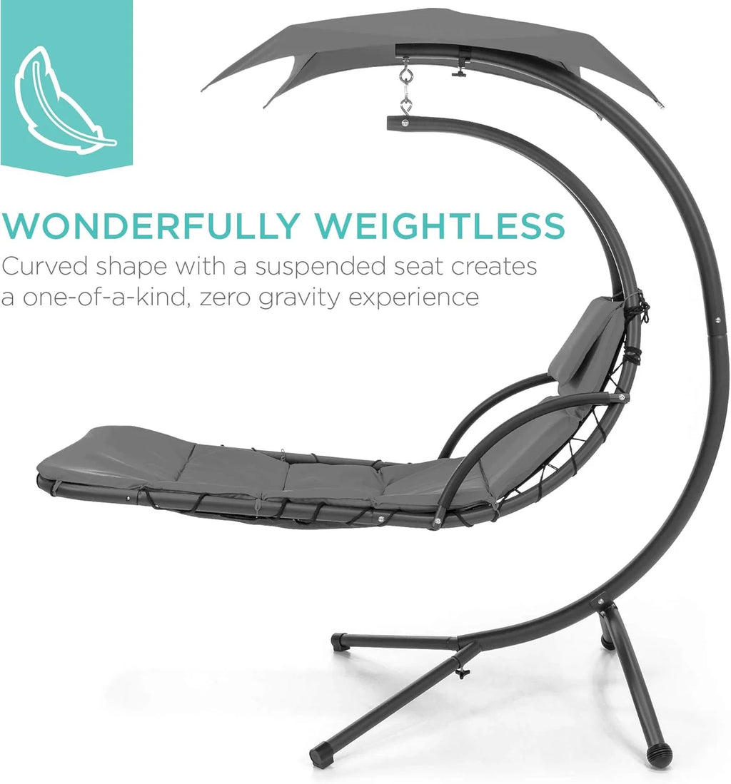 Best Choice Products Outdoor Hanging Curved Steel Chaise Lounge Chair Swing w/Built-in Pillow and Removable Canopy - Charcoal Gray