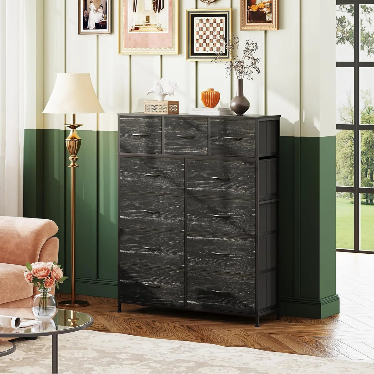 Storage Organizer Unit with 11 Fabric Bins, Storage Drawers Organizer with Steel Frame, Tall Storage Tower Organizaton