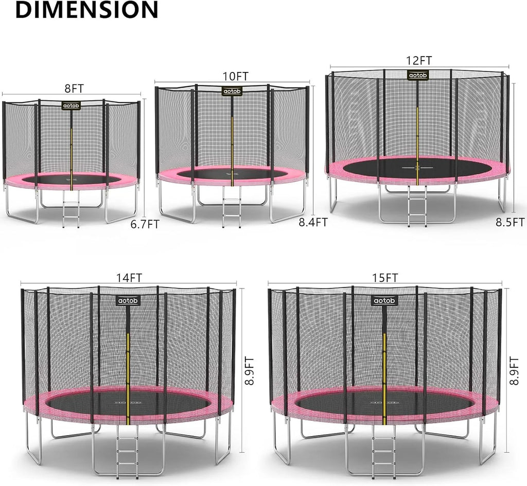 AOTOB 8FT 10FT 12FT 14 FT 15FT Trampoline with Safety Enclosure Net，Outdoor Trampoline with Basketball Hoop, Heavy Duty Jumping Mat and Spring Cover Padding for Kids and Adults, Storage Bag and Ladder