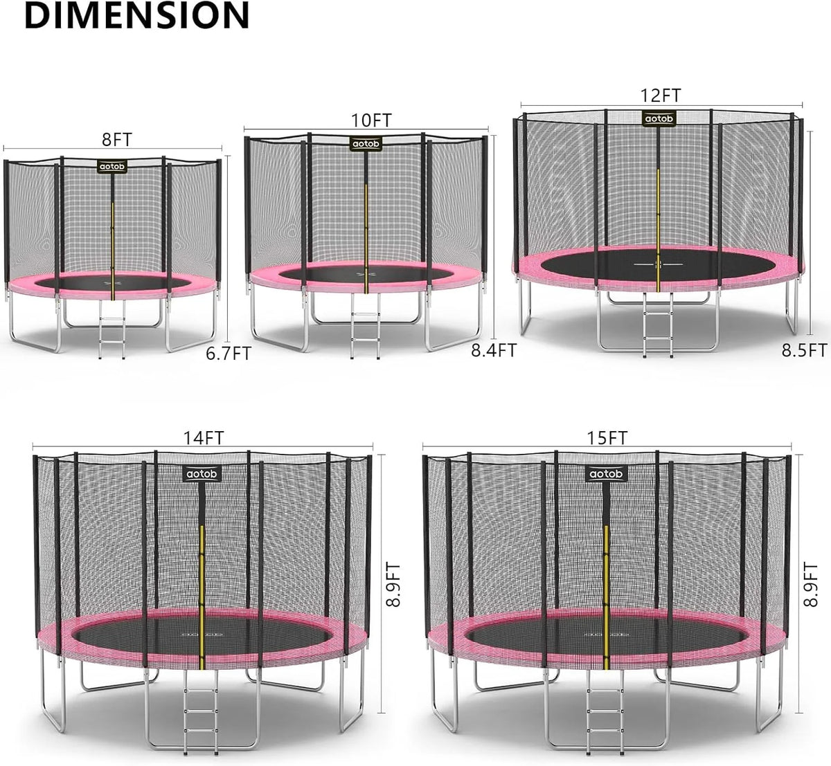 AOTOB 8FT 10FT 12FT 14 FT 15FT Trampoline with Safety Enclosure Net，Outdoor Trampoline with Basketball Hoop, Heavy Duty Jumping Mat and Spring Cover Padding for Kids and Adults, Storage Bag and Ladder