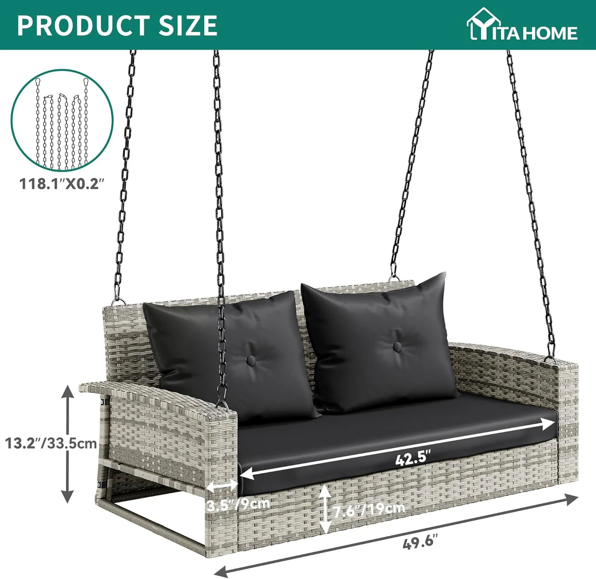 YITAHOME Hanging Porch Swing Chair Sits 3 People, Wicker Outdoor Swing Bench, Patio Lounge Chair, 1 Seating Cushion and 3 Back Cushions, w/Removable Covers, for Garden, Balcony, Backyard, Brown