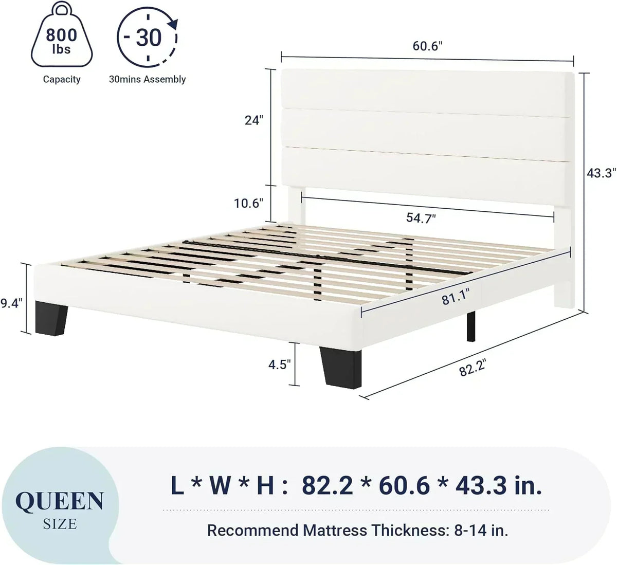 Allewie Queen Size Platform Bed Frame with Fabric Upholstered Headboard Wooden Slats Support