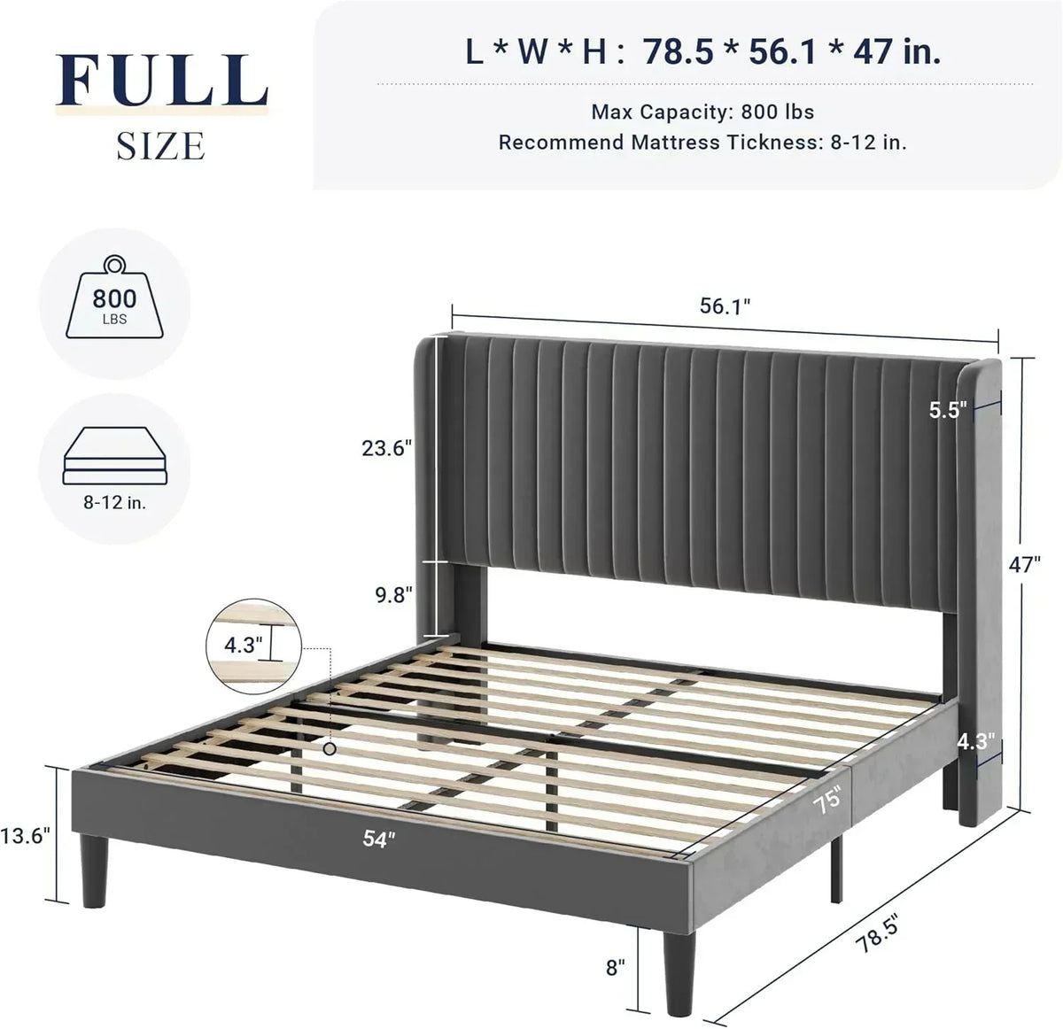 Allewie Full Size Velvet Bed Frame Vertical Channel Tufted Wingback Headboard Upholstered Bed
