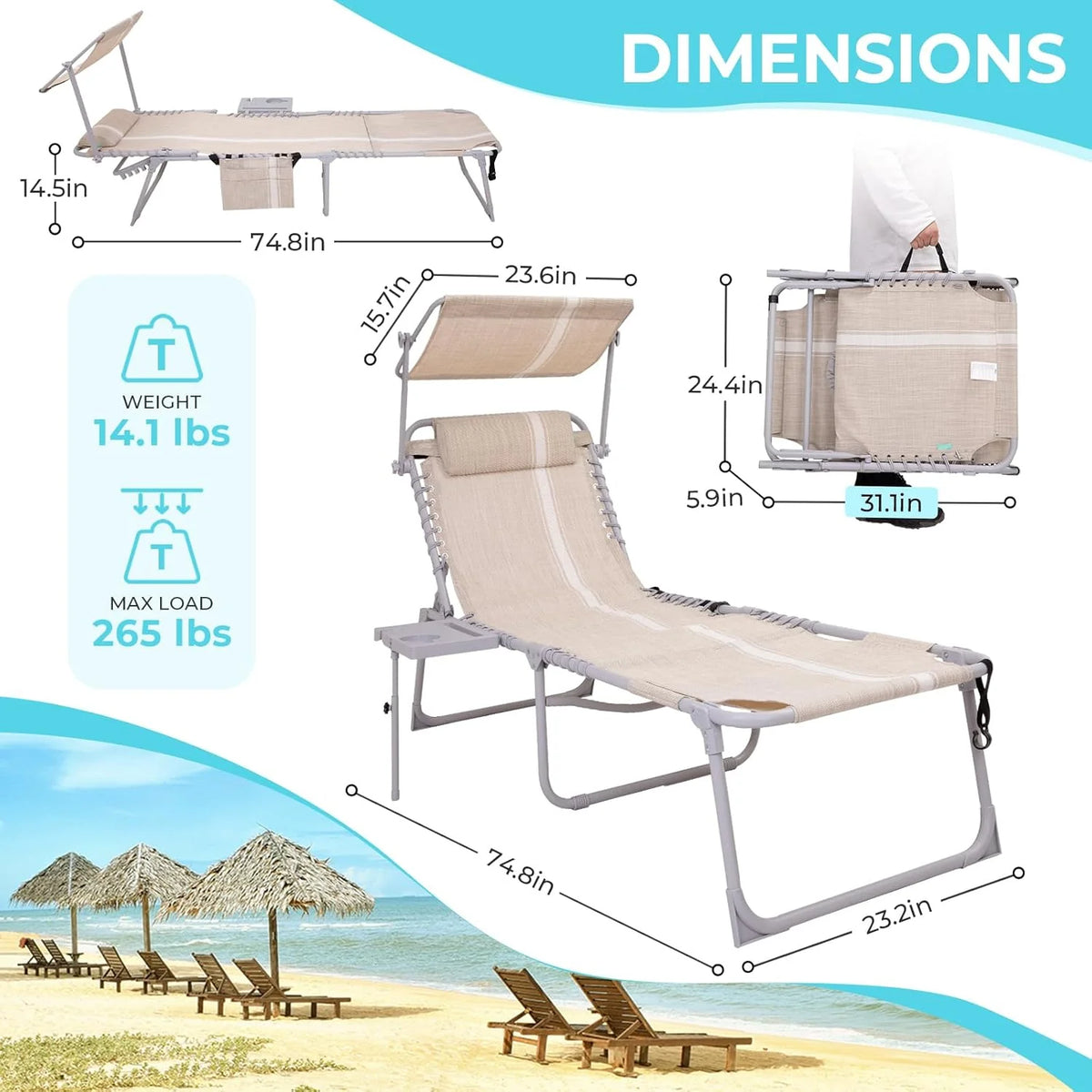 2 Pack Outdoor Chaise Lounge Chair - Portable Folding Patio Pool Lounge Chair, 5 Positions Adjustable Reclining Camping Chair with Side Table,Shoulder Strap, Pillow for Beach Sunbathing Lawn