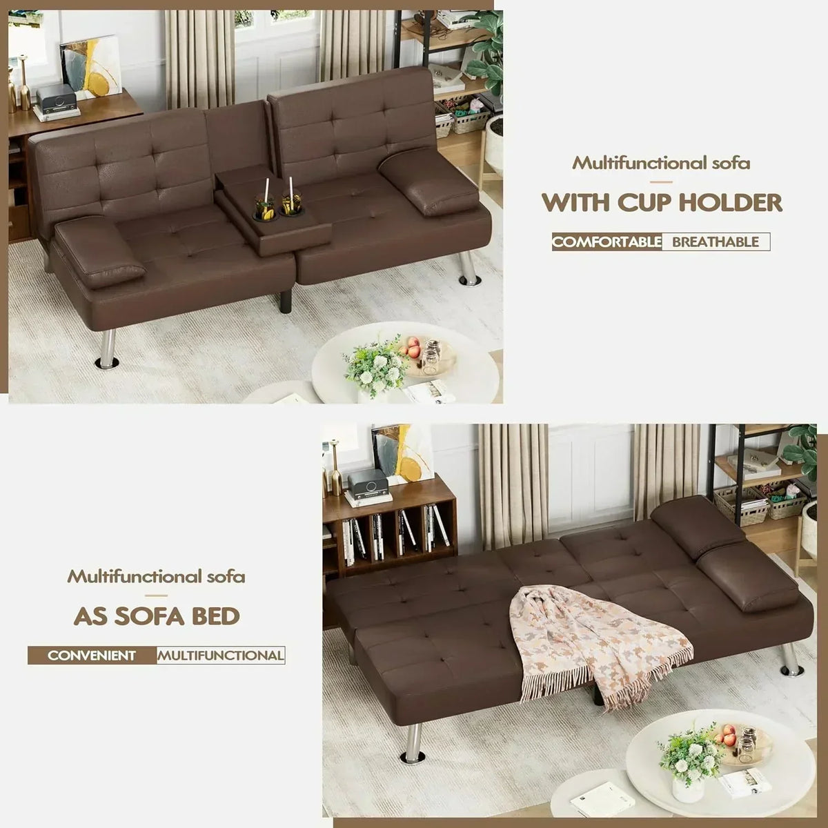 Homall Futon Sofa Bed Leather Futon Couch with Armrests Adjustable Recliner Sleeper Sofa Bed