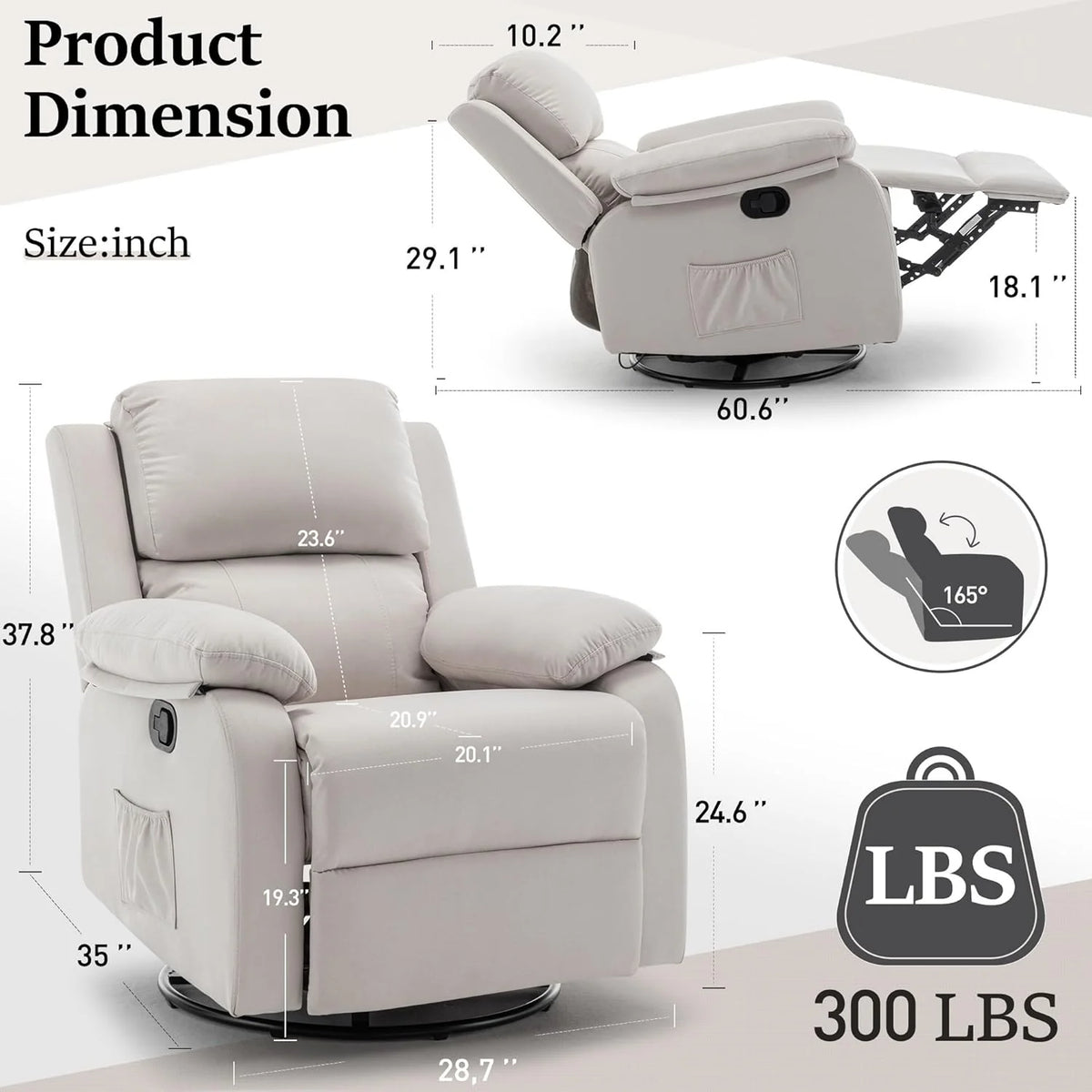 Reclining rocking chair 360 degree rotating fabric sliding reclining chair