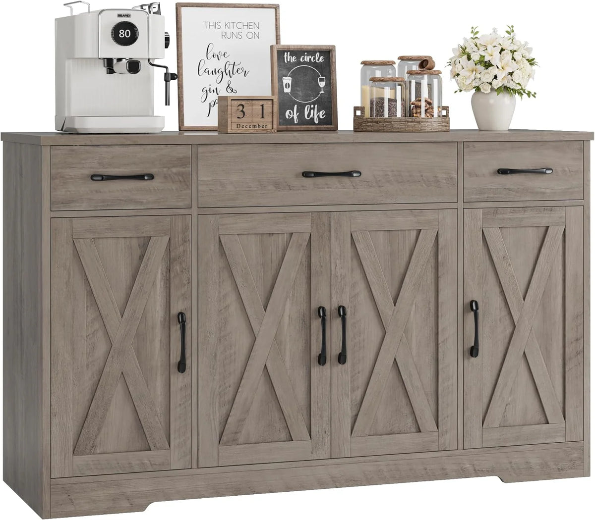 HOSTACK Buffet Cabinet with Drawers, 55 Large Sideboard Buffet Storage Cabinet with Shelves and Doors, Modern Farmhouse Coffee Bar Station Wood Kitchen Table for Kitchen, Dining Room, White/Rustic