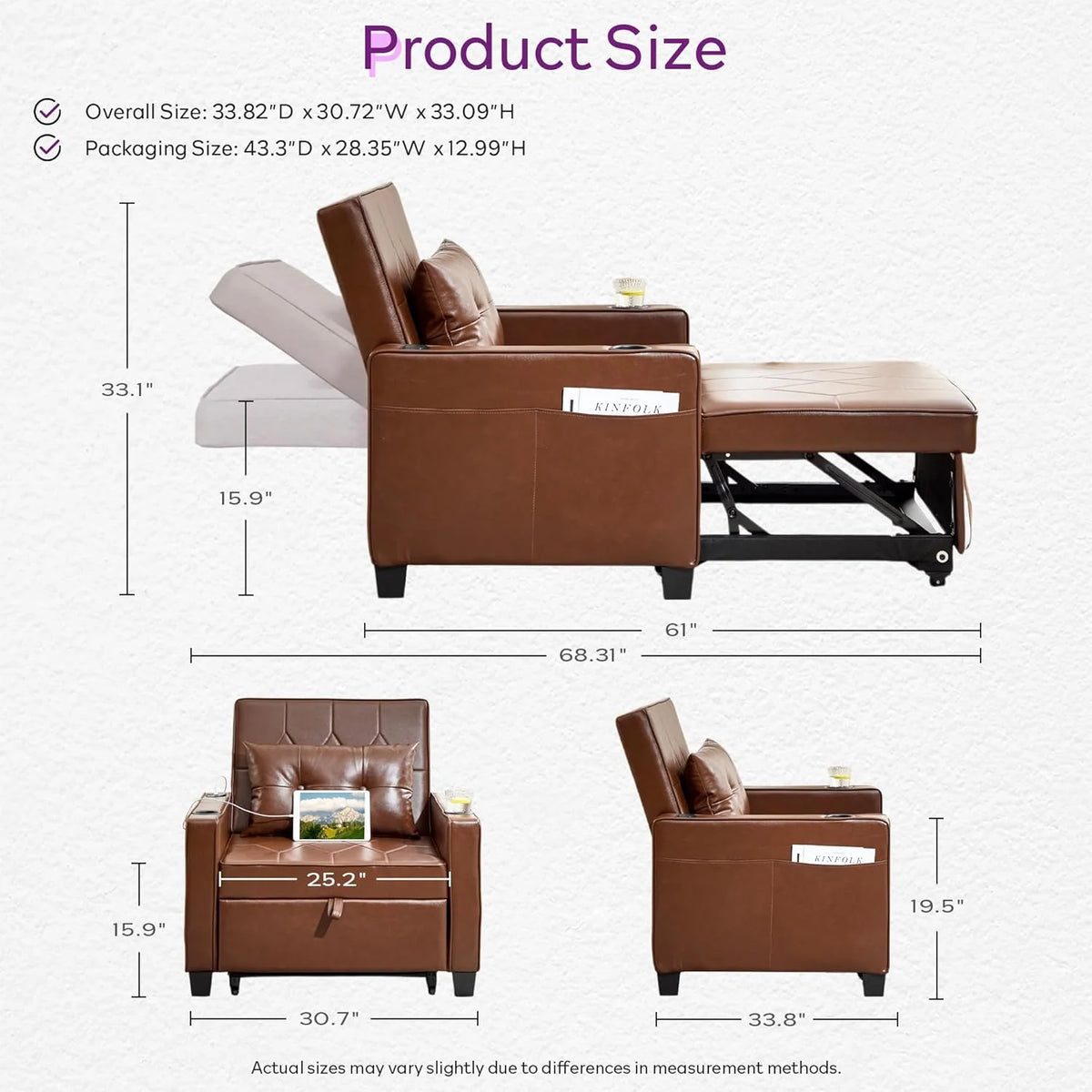 Adult Convertible Sleeper Chair Bed, 3-in-1 Pull-Out Sofa Bed with USB/Type-C Ports, Cup Holders, Side Pockets, Single Sofa