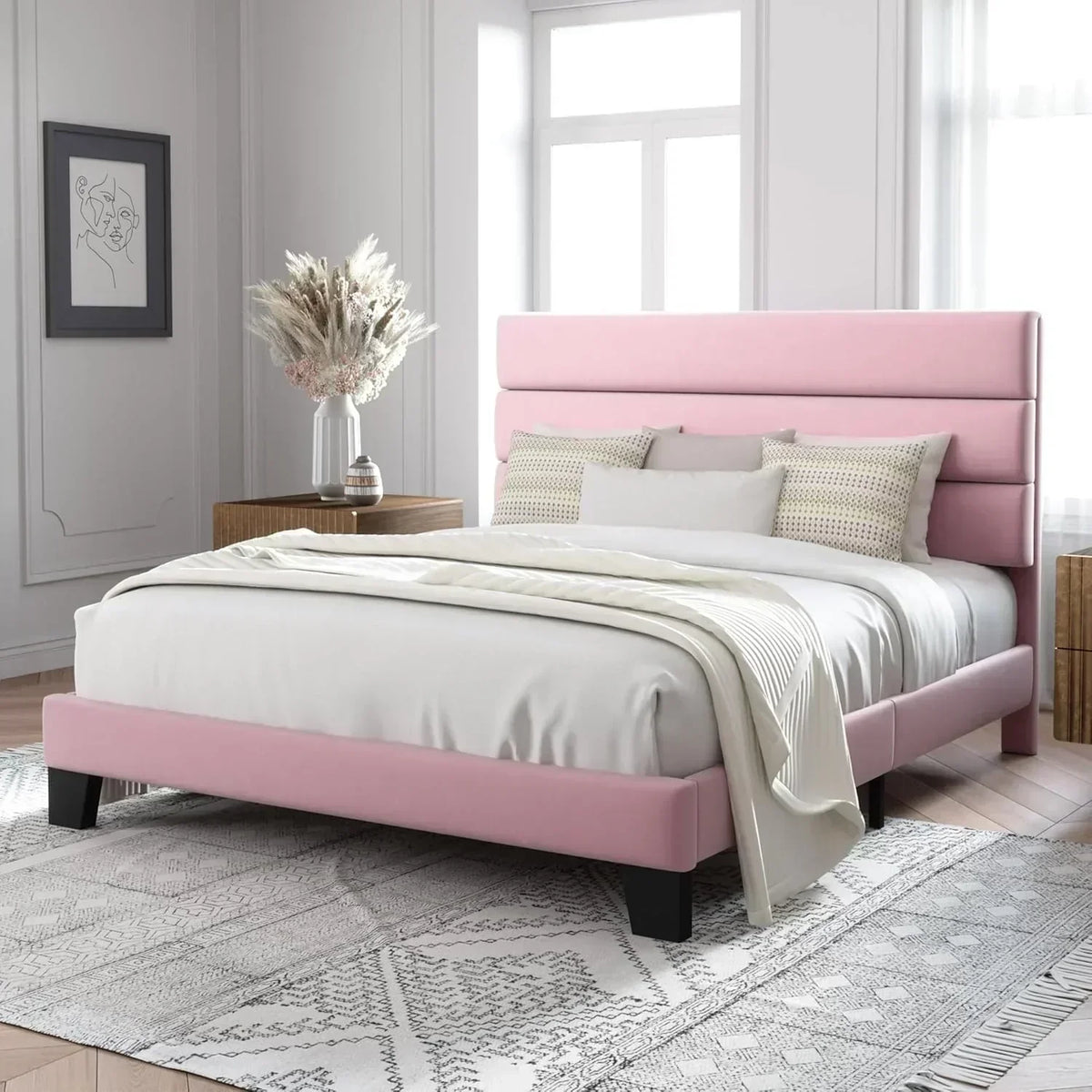 Allewie Queen Size Platform Bed Frame with Fabric Upholstered Headboard Wooden Slats Support