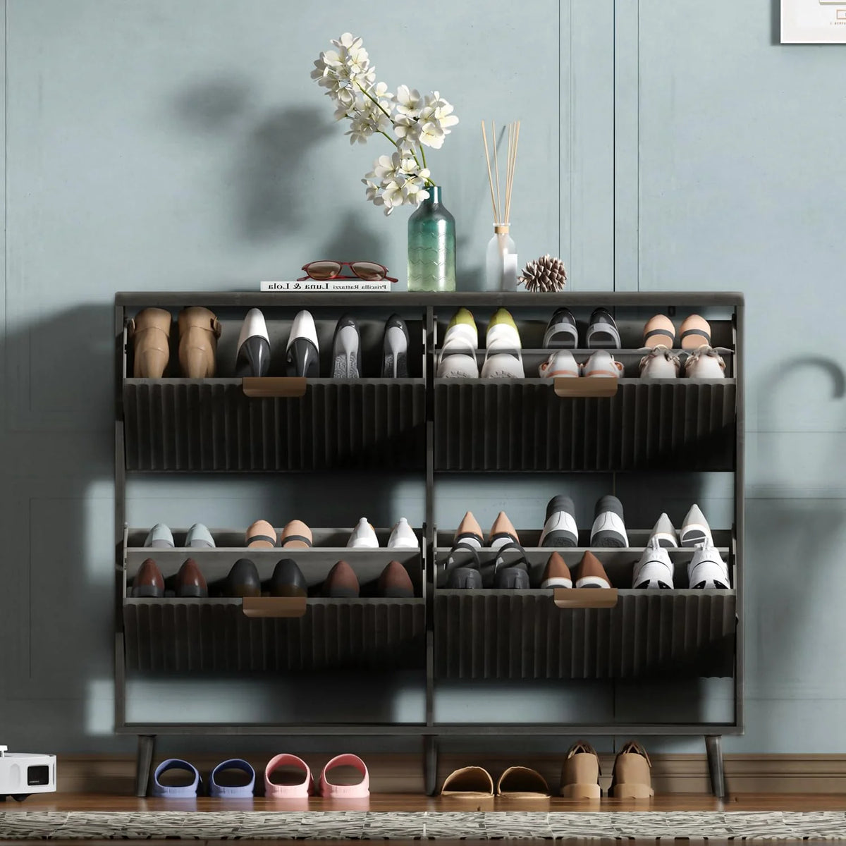 Shoe Cabinet Storage Modern Freestanding Organizer with 2 Flip Drawers Narrow Shoe Rack Cabinet