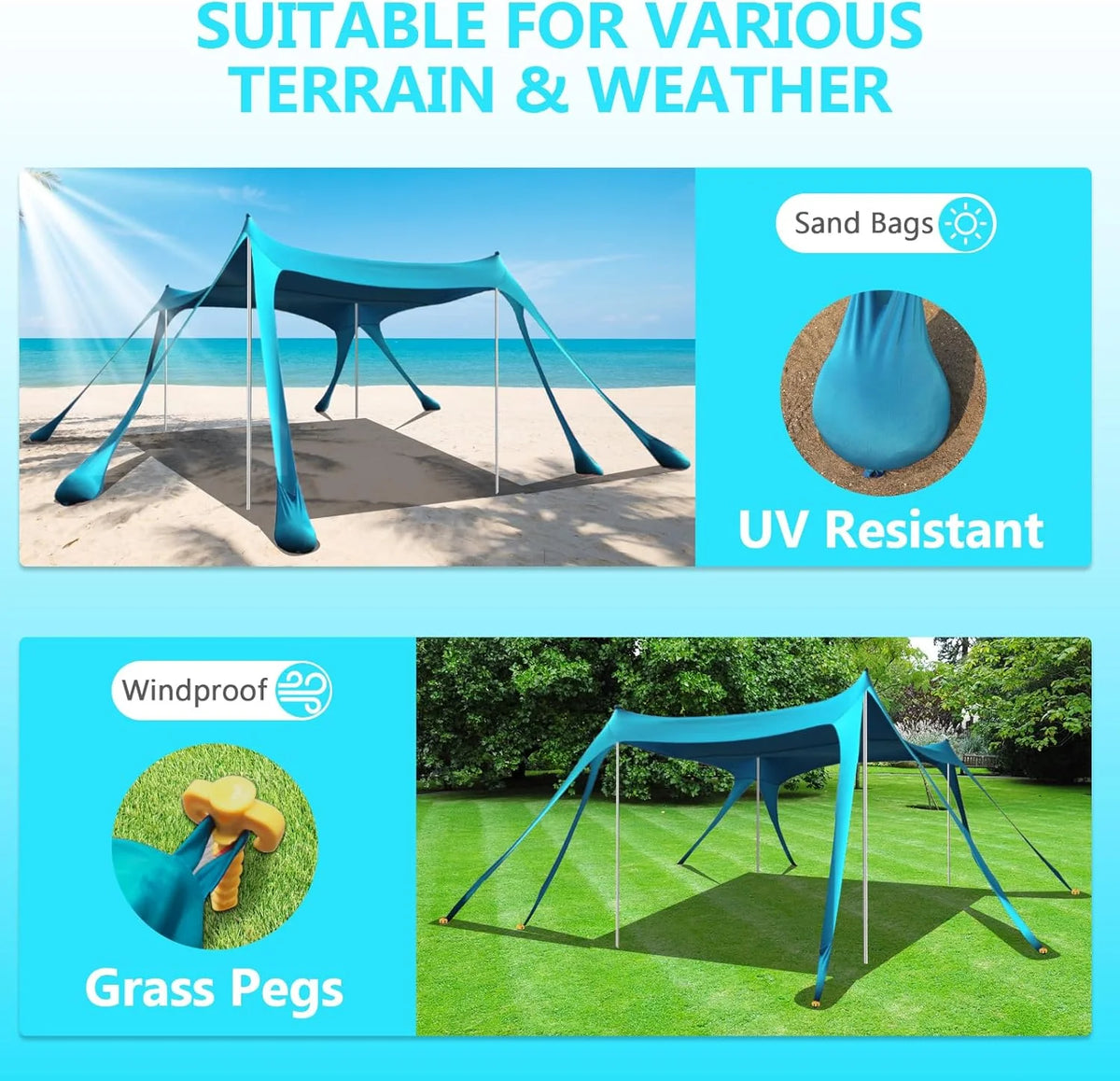 Beach Tent Sun Shelter, 10 x 10 FT Beach Canopy Tent Sun Shade Heavy Duty, UPF50+ Beach Tent Canopy with 8 Sandbags & 4 Stability Poles, Outdoor Beach Shade Canopy for Camping and Fishing, Blue