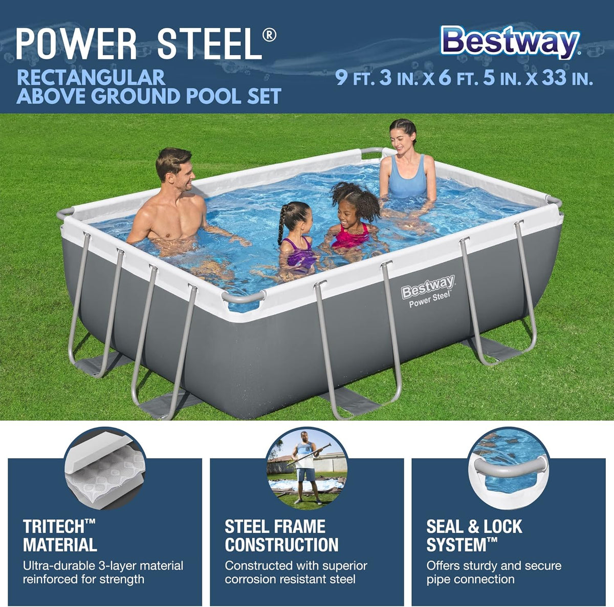 Power Steel 14' x 8'2 x 39.5 Oval Above Ground Pool Set | Includes 530gal Filter Pump, Ladder, ChemConnect Dispener