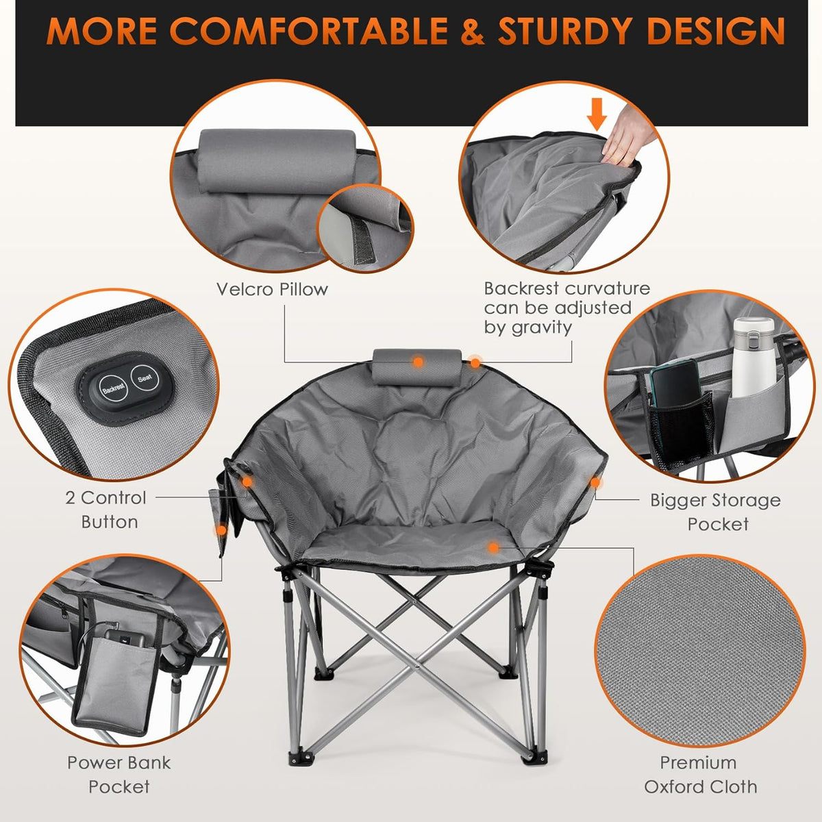 Heated Camping Chair Extra Large Heated Chair Outdoor Sports Chair with 3 Heat Levels on Back