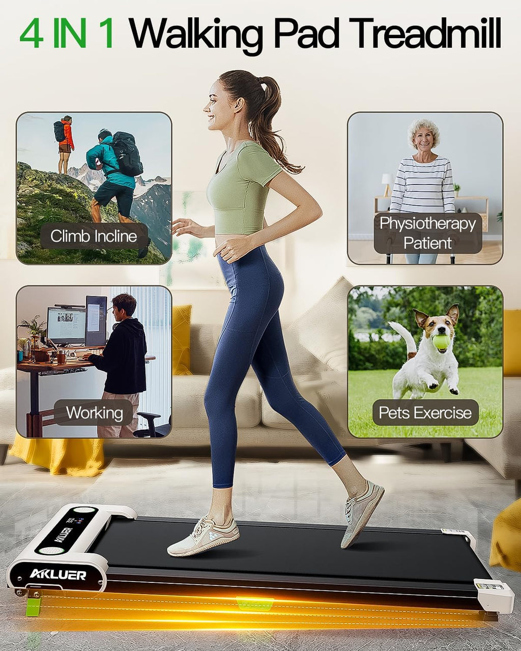 Akluer Inclined Home Treadmill 2.5 HP Small Under-Desk Treadmill with Remote Control and LED Display