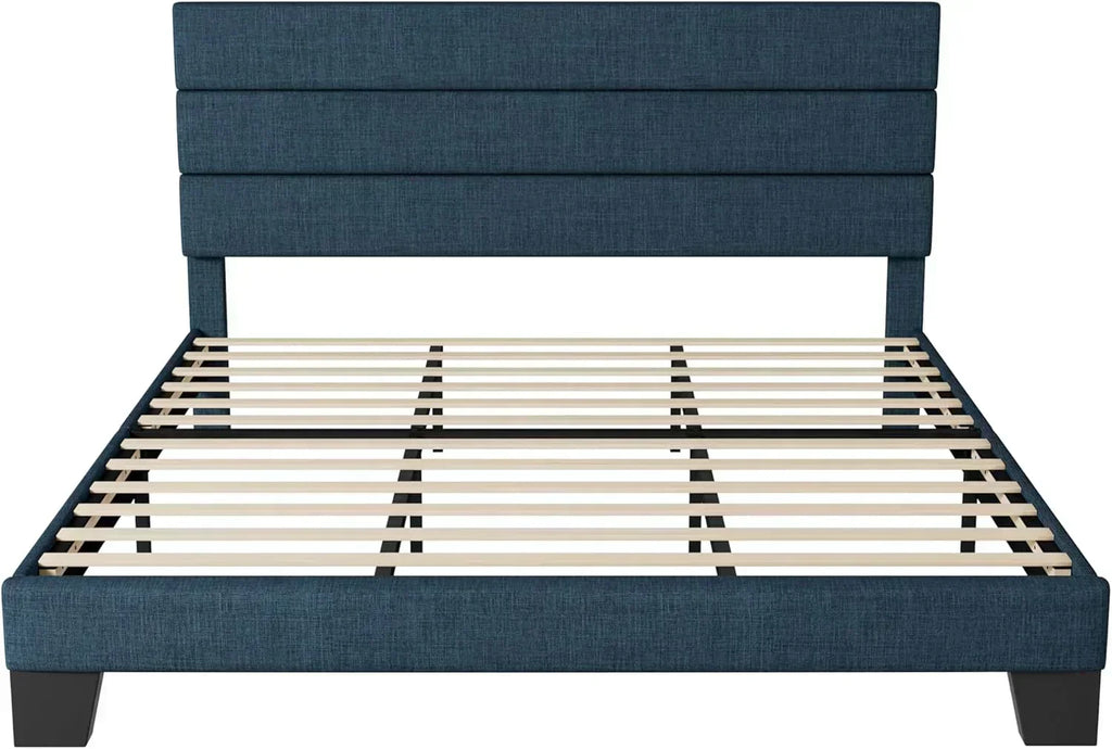 Allewie King size platform bed frame with velvet upholstered headboard and planks