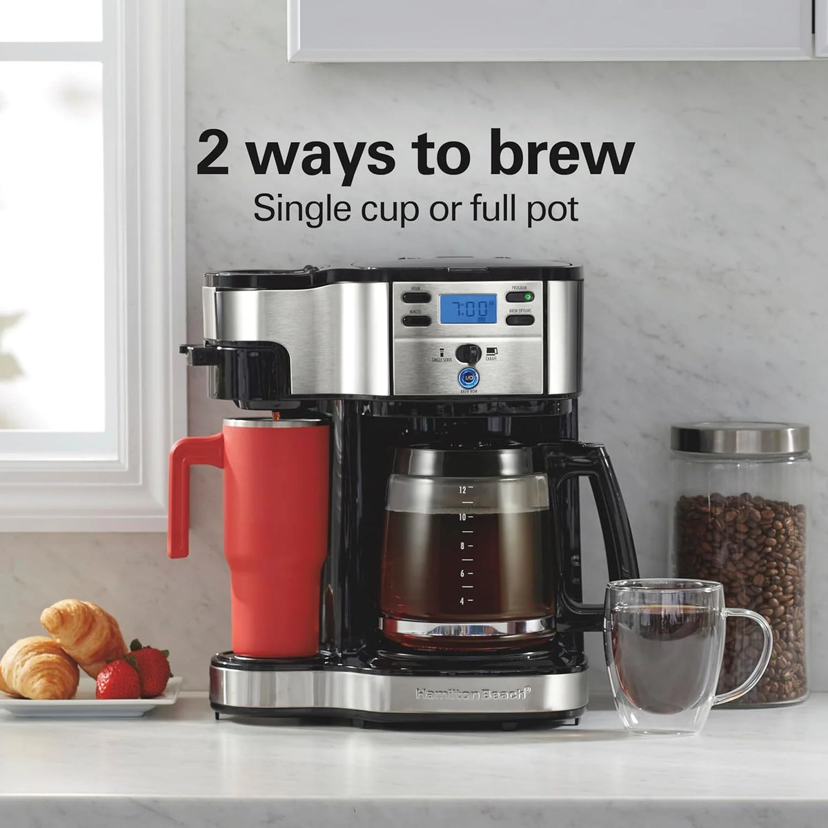 Hamilton Beach 2-Way 12 Cup Programmable Drip Coffee Maker & Single Serve Machine, Glass Carafe, Auto Pause and Pour, Black (49980R)