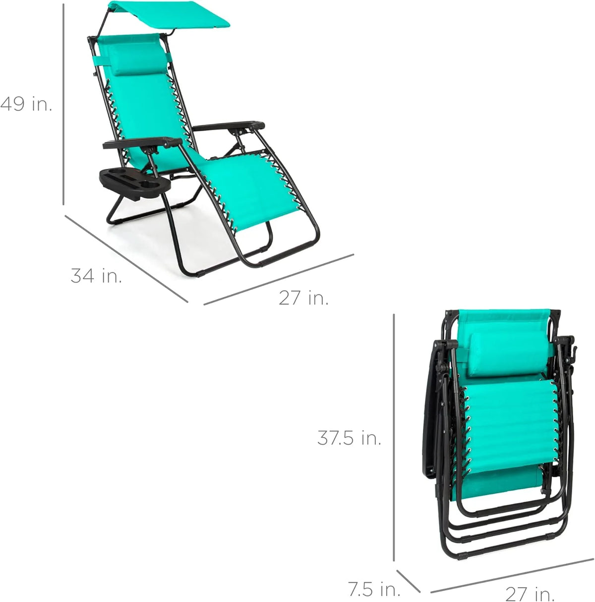 Best Choice Products Folding Zero Gravity Outdoor Recliner Patio Lounge Chair w/Adjustable Canopy Shade, Headrest, Side Accessory Tray, Textilene Mesh - Peacock Blue