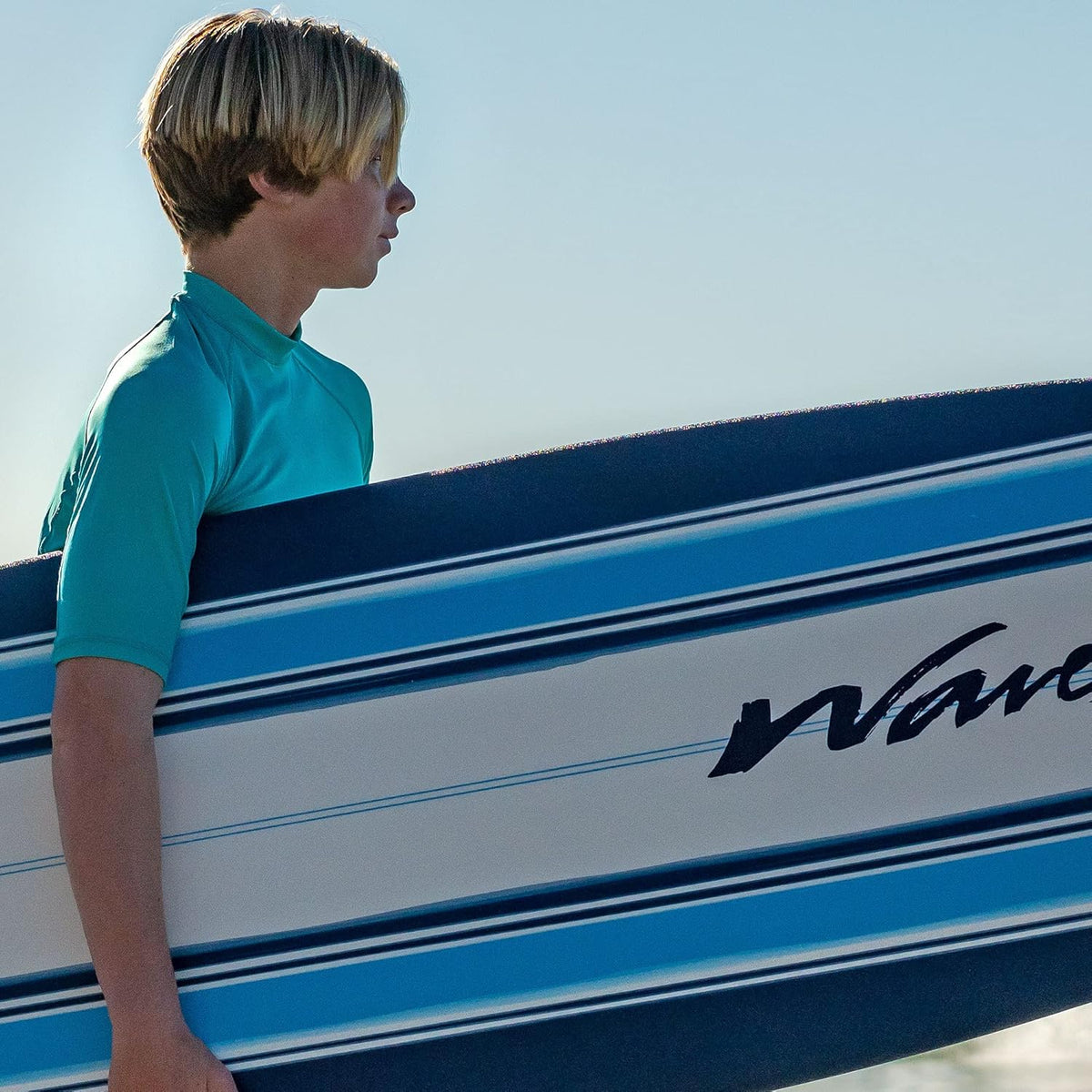 Wavestorm - Classic Soft Top Foam 7ft Surfboard Surfboard for Beginners and All Surfing Levels Complete Set Includes Leash and Multiple Fins Heat Laminated, Blue Pinline (AZ22-WSSF700-PIN)