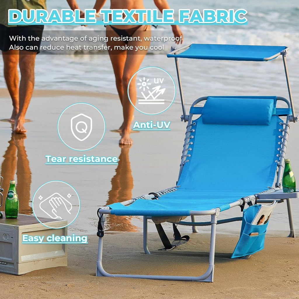 2 Pack Outdoor Chaise Lounge Chair - Portable Folding Patio Pool Lounge Chair, 5 Positions Adjustable Reclining Camping Chair with Side Table,Shoulder Strap, Pillow for Beach Sunbathing Lawn