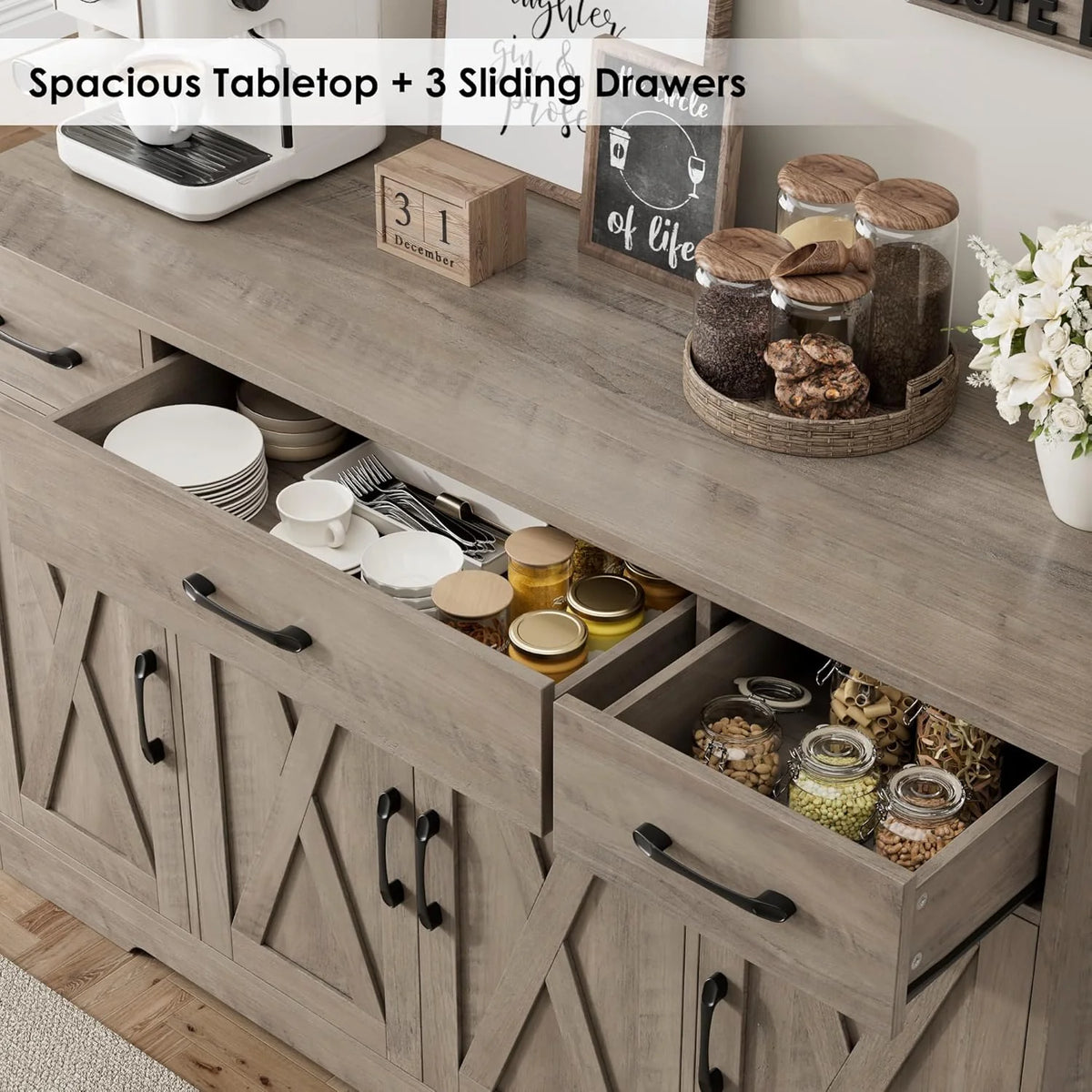 HOSTACK Buffet Cabinet with Drawers, 55 Large Sideboard Buffet Storage Cabinet with Shelves and Doors, Modern Farmhouse Coffee Bar Station Wood Kitchen Table for Kitchen, Dining Room, White/Rustic