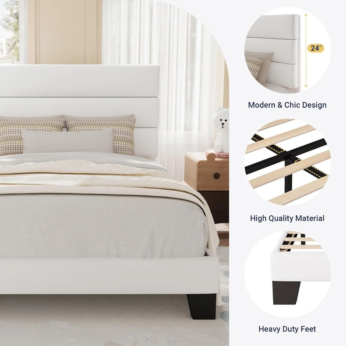 Allewie Queen Size Platform Bed Frame Fabric Upholstered Headboard Wooden Slats Support