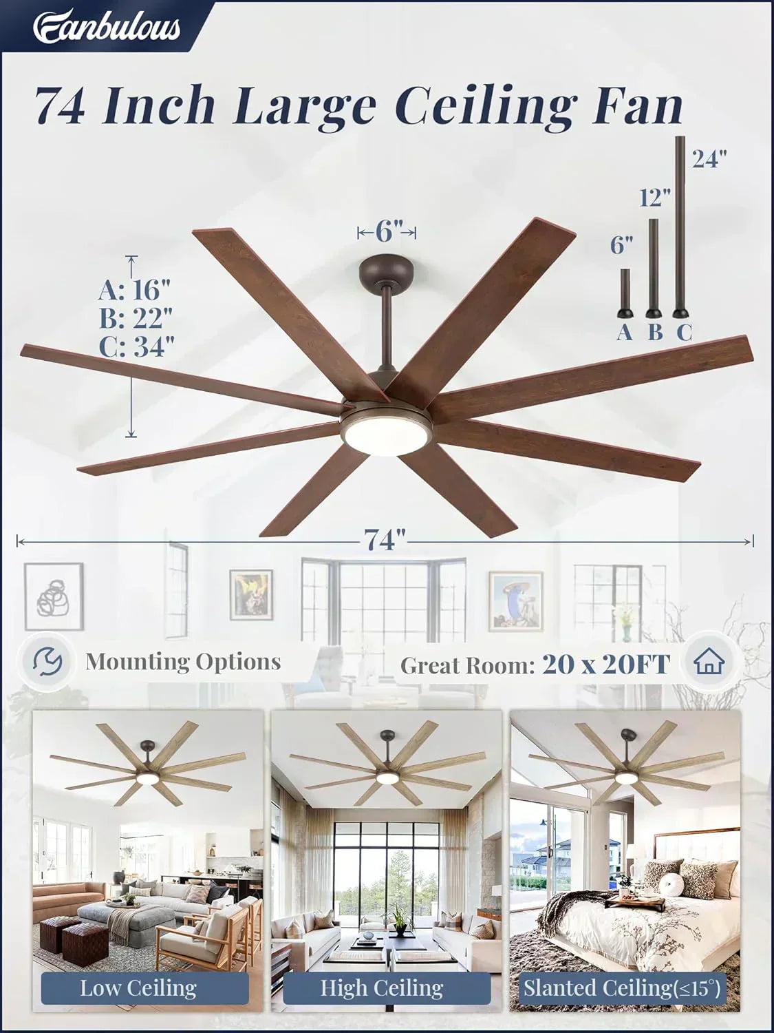 Ceiling Fan Indoor/Outdoor 8 Blades 65 inches