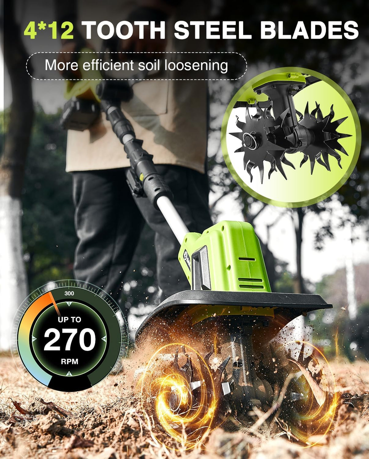 Saker 22V Cordless Electric Garden Tiller Cultivator, Lightweight Rototiller for Gardening, 9-Inch Tilling Width, 6.3-Inch Depth for Soil Preparation, Weeding, and Gardening 2 Batteries SK-TC18B