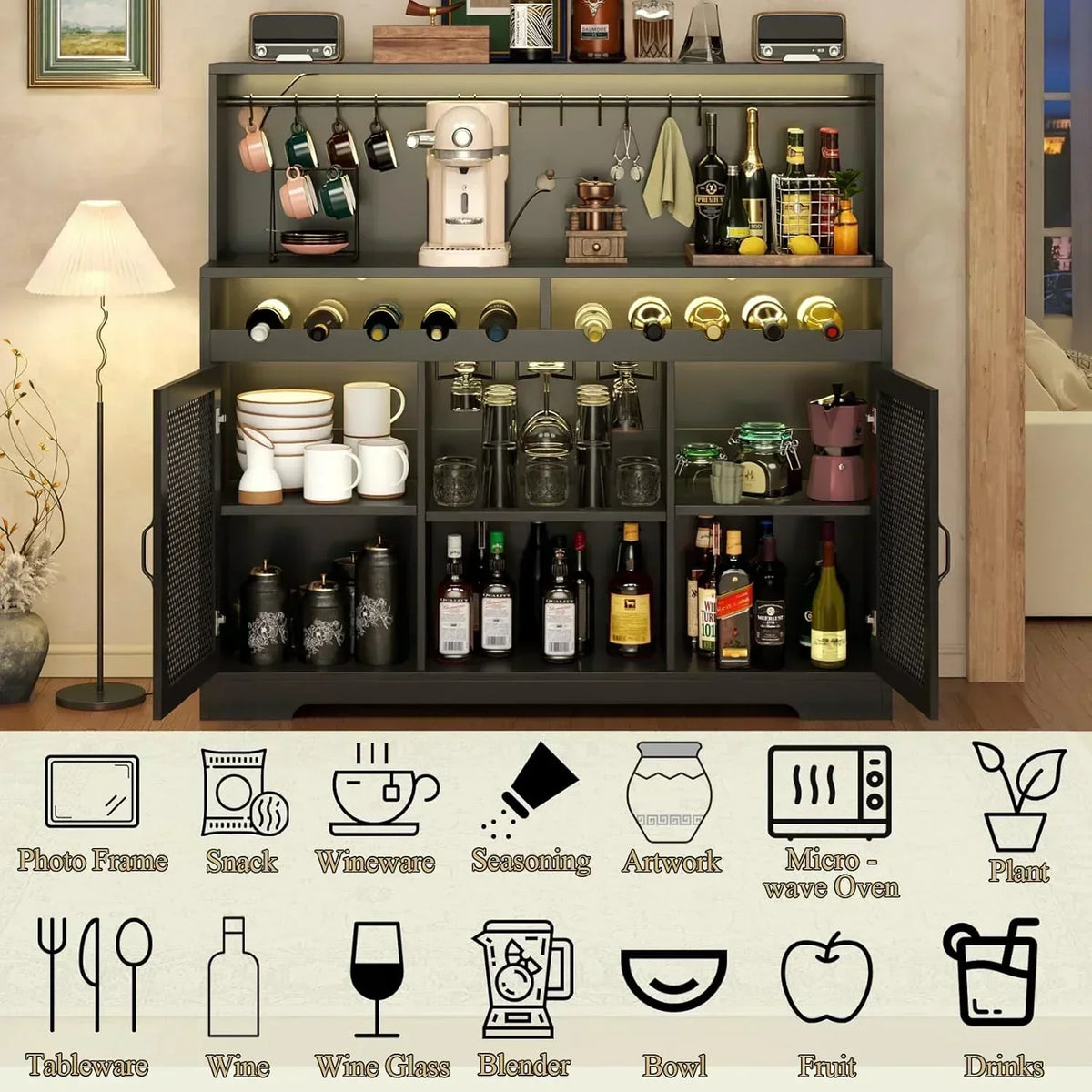 Wine Bar Cabinet with LED Light Liquor Cabinet with Glass Holder Coffee Bar for Liquor