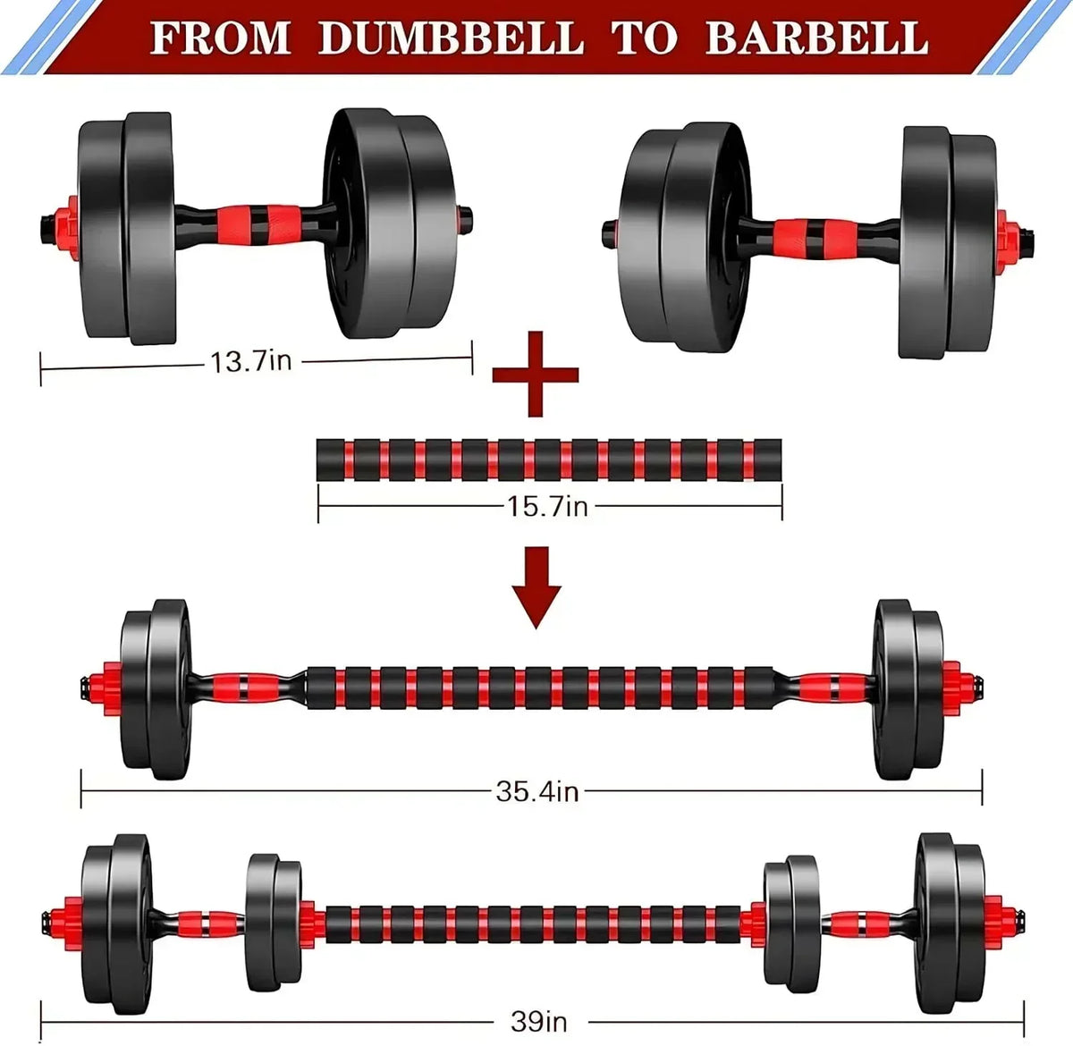 Adjustable dumbbell set, free weight dumbbell pair convertible into barbell