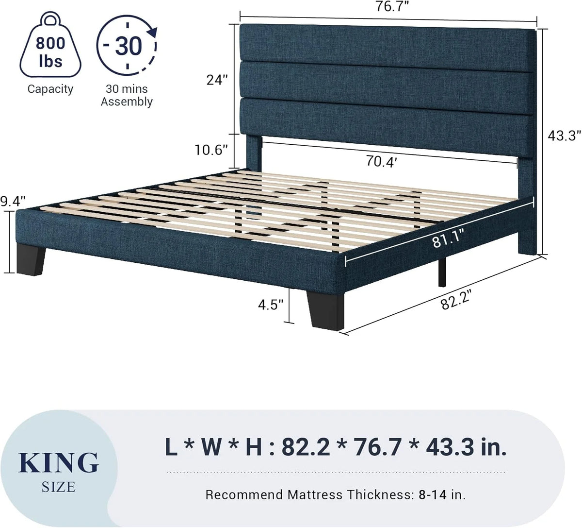 Allewie Queen Size Platform Bed Frame Fabric Upholstered Headboard Wooden Slats Support
