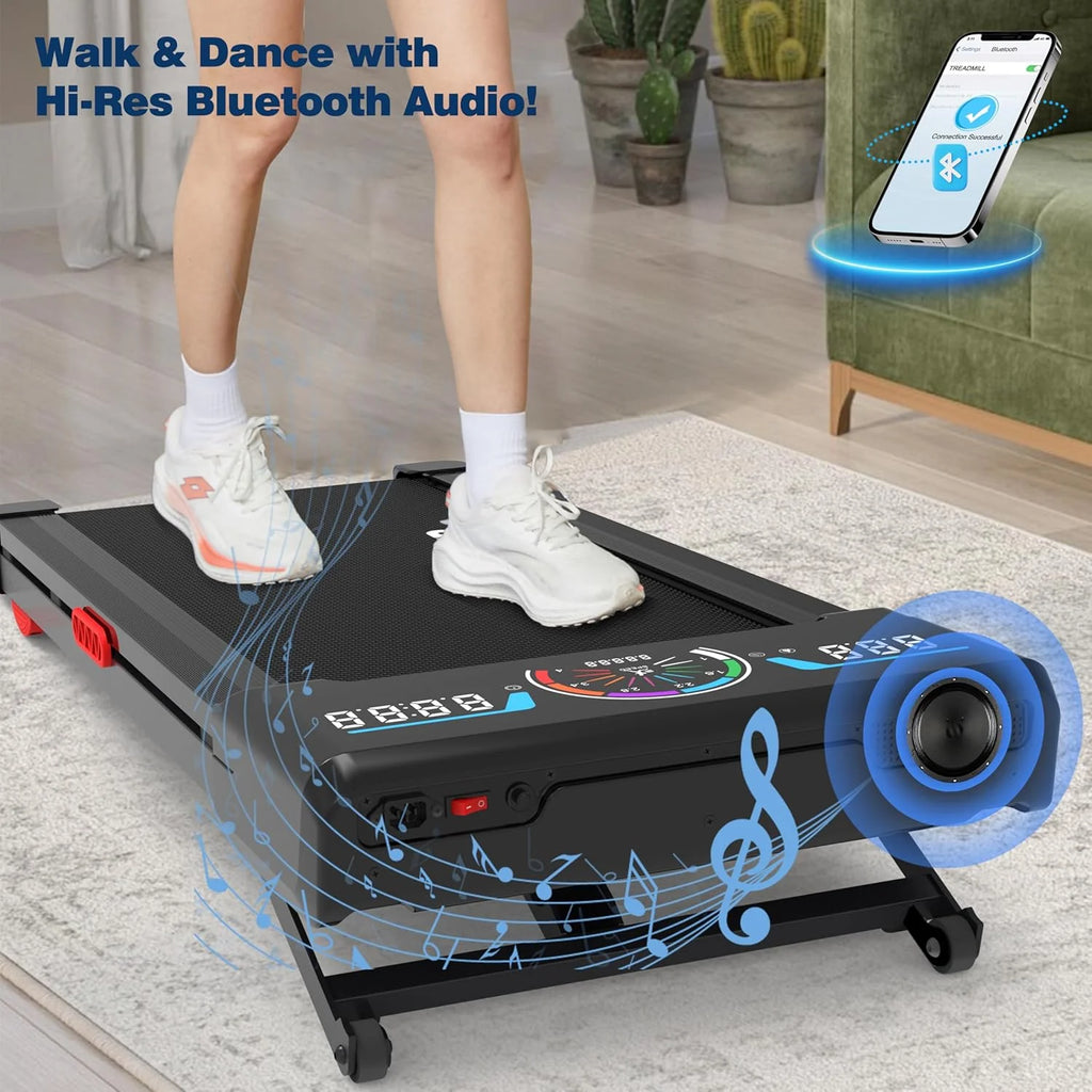 The Walking Pad treadmill features 12% 9-level automatic incline, 450-pound capacity, RGB LED screen, and Bluetooth speakers.