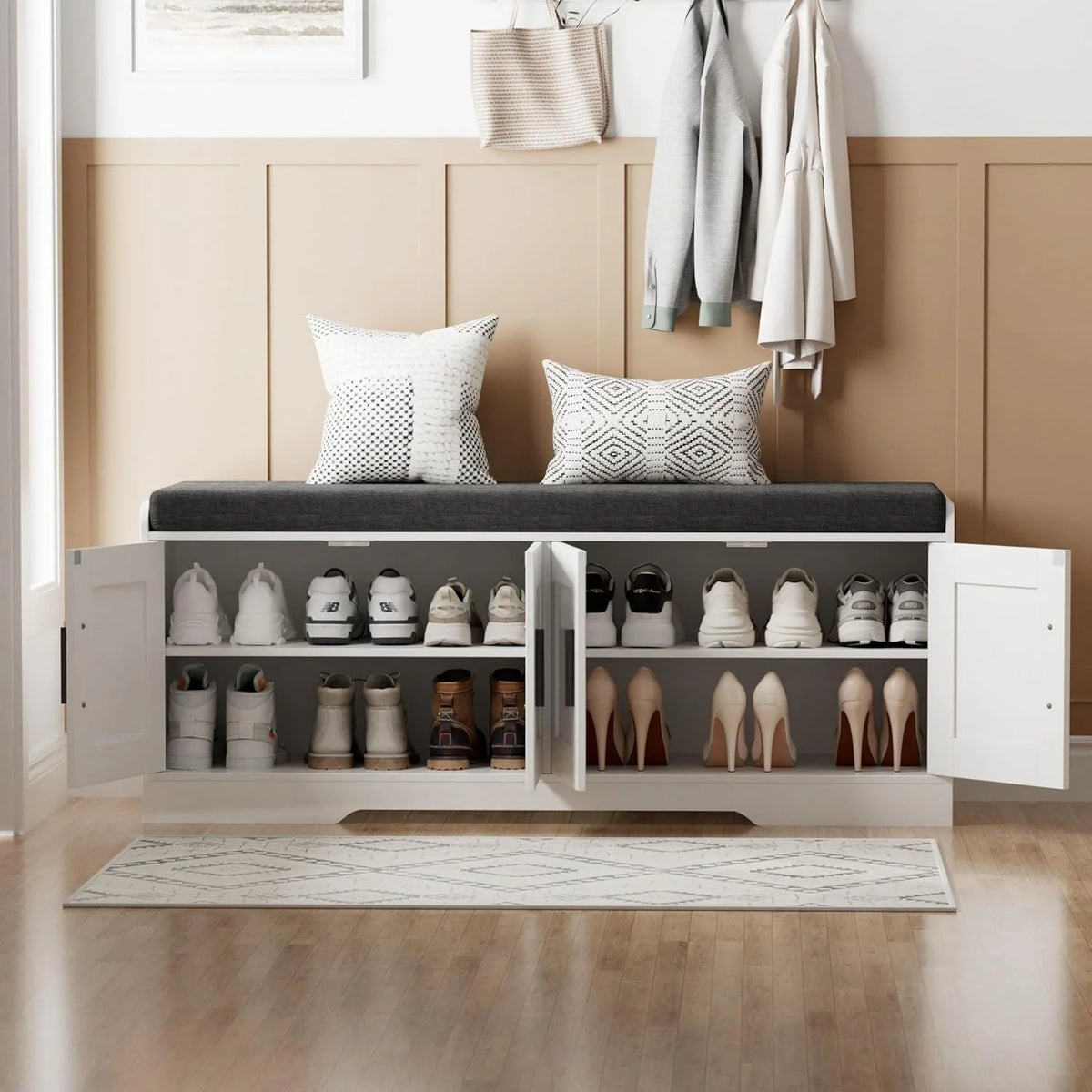 2-Tier Storage Bench, Shoe Bench with Thickened Padded Seat Cushion, Entryway Bench with 4 Doors, Adjustable Shelf