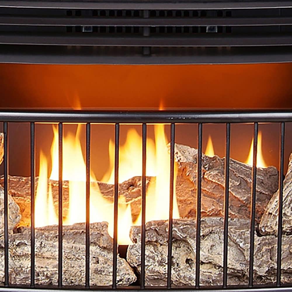 Vent-free 25000 BTU space-saving freestanding dual-fuel fireplace with thermostat control