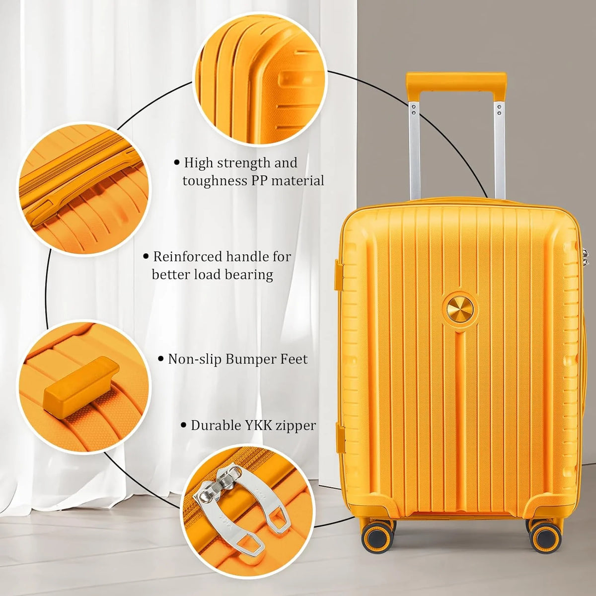 5-piece PP hardshell lightweight travel carry-on luggage set with dual spinner wheels and TSA lock