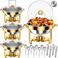 Round Chafing Dishes for Buffet 4 Pack 5 Qt, High Grade Chafing Dish Buffet Set with 12 PCS Serving Utensils,Full Size Pan,Food Warmers for Parties,Buffet,Wedding, Birthday,Camping [Gold]