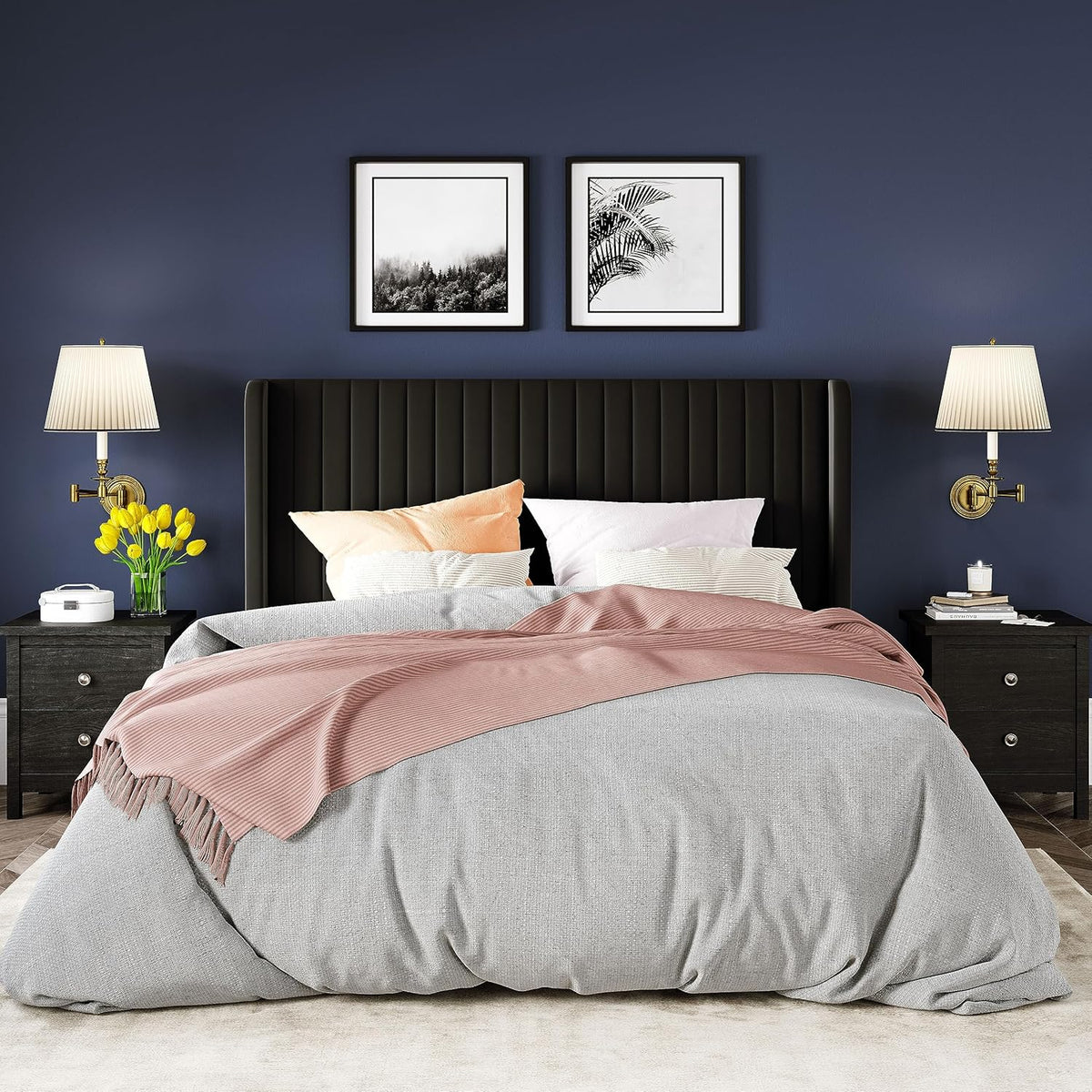 Allewie Full Size Velvet Bed Frame Vertical Channel Tufted Wingback Headboard Upholstered Bed