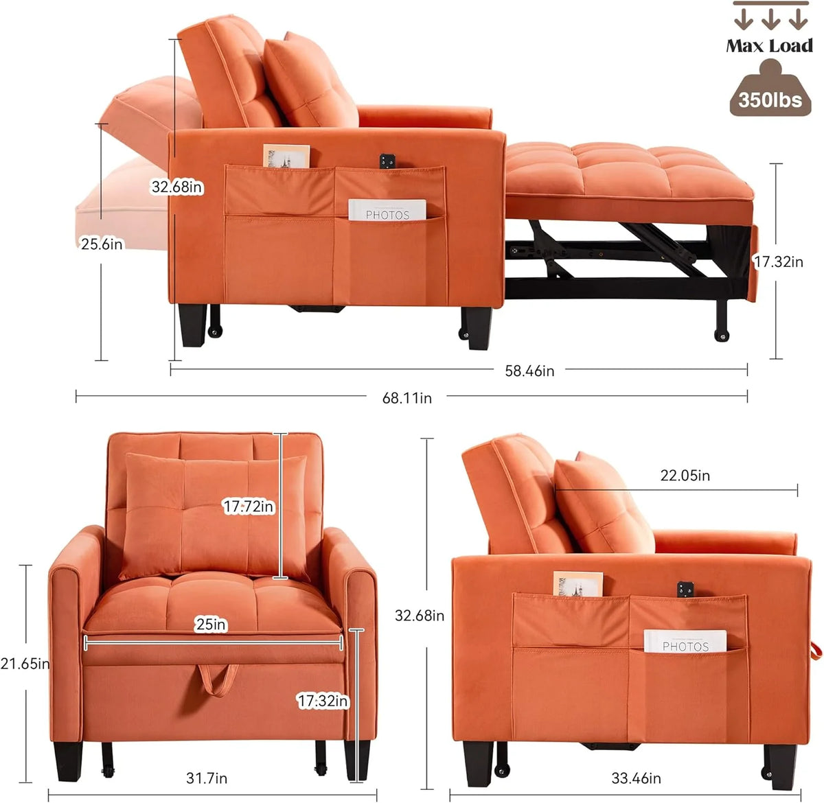 Convertible Sleeper Chair, 3 in 1 Sleeper Chair Bed Pull Out Sofa Bed Chairs, Velvet Single Sofa with Adjustable Backrest