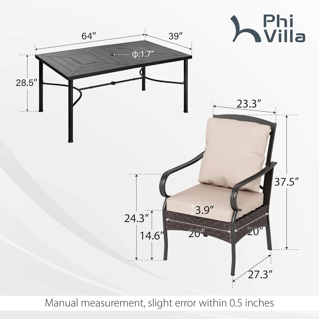 PHI VILLA 6-Piece Outdoor Dining Sets, All-Weather Patio Table and Chairs Set with Umbrella for 4, Heavy Duty Patio Round Table Set for Deck, 4 Extra Large Outdoor Swivel Chairs with Thick Cushions