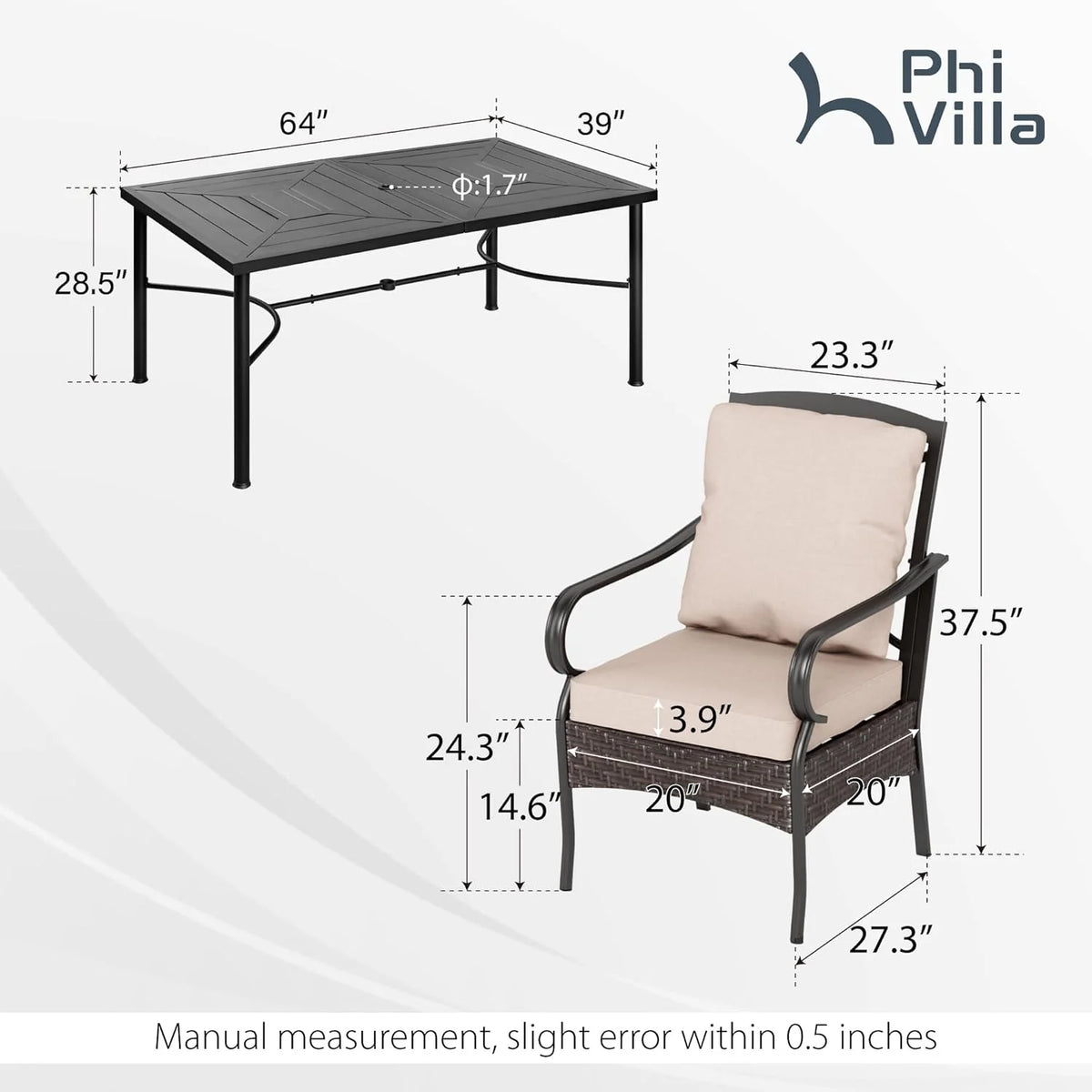 PHI VILLA 6-Piece Outdoor Dining Sets, All-Weather Patio Table and Chairs Set with Umbrella for 4, Heavy Duty Patio Round Table Set for Deck, 4 Extra Large Outdoor Swivel Chairs with Thick Cushions