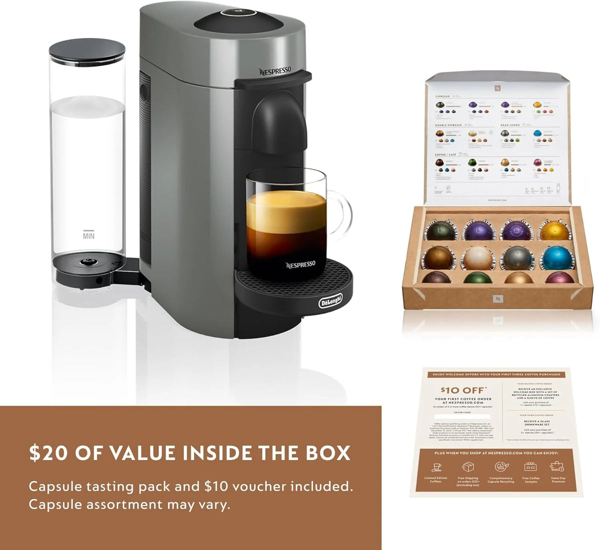 Nespresso Vertuo Plus Coffee and Espresso Maker by De'Longhi, Grey