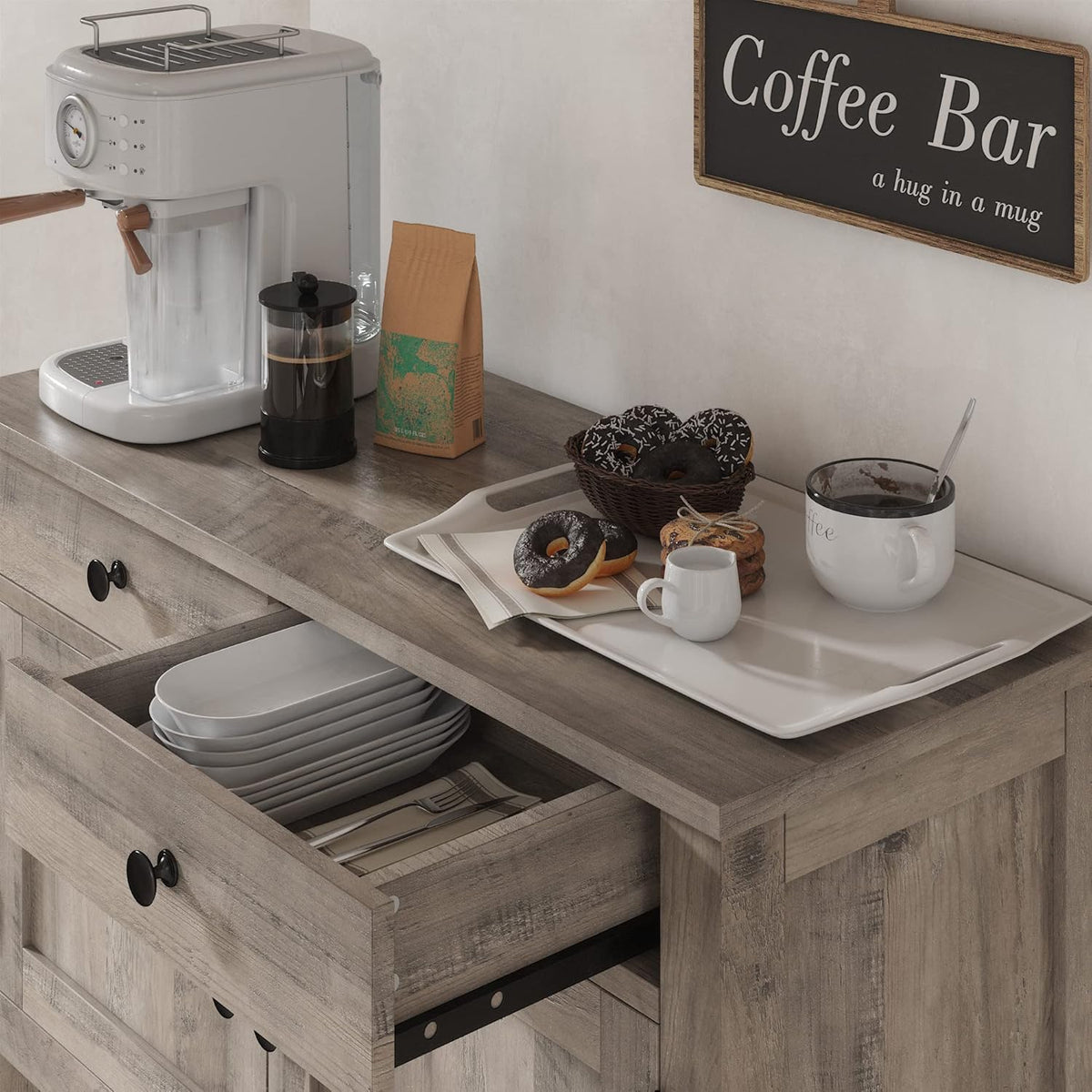 Farmhouse style console table coffee bar, entry table with storage rack, sofa table buffet sideboard