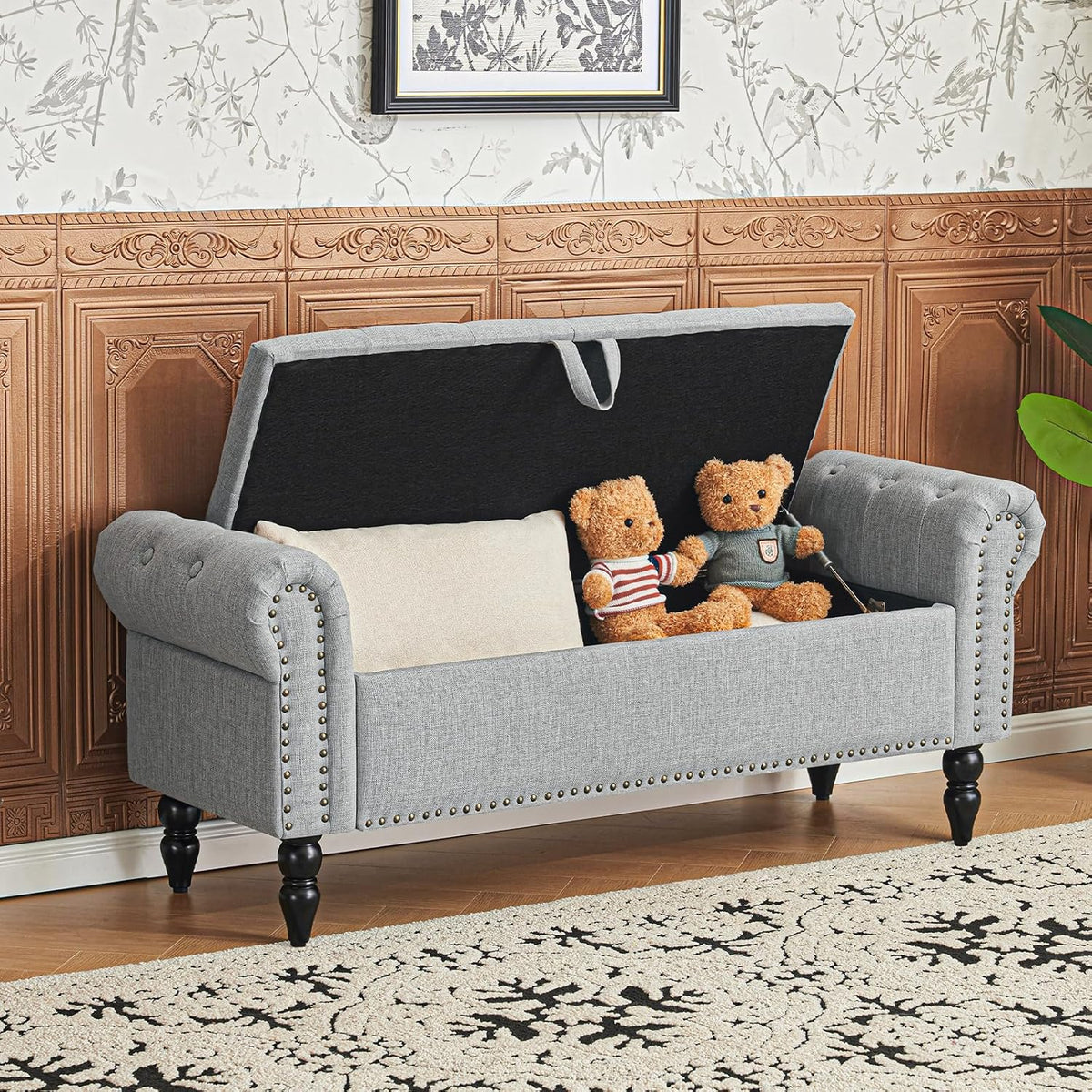 Furniliving Modern Storage Ottoman Bench, Sherpa Ottoman End of Bed Bench with Solid Wood Legs Upholstered Ottoman Benches with Storage Indoor Bench