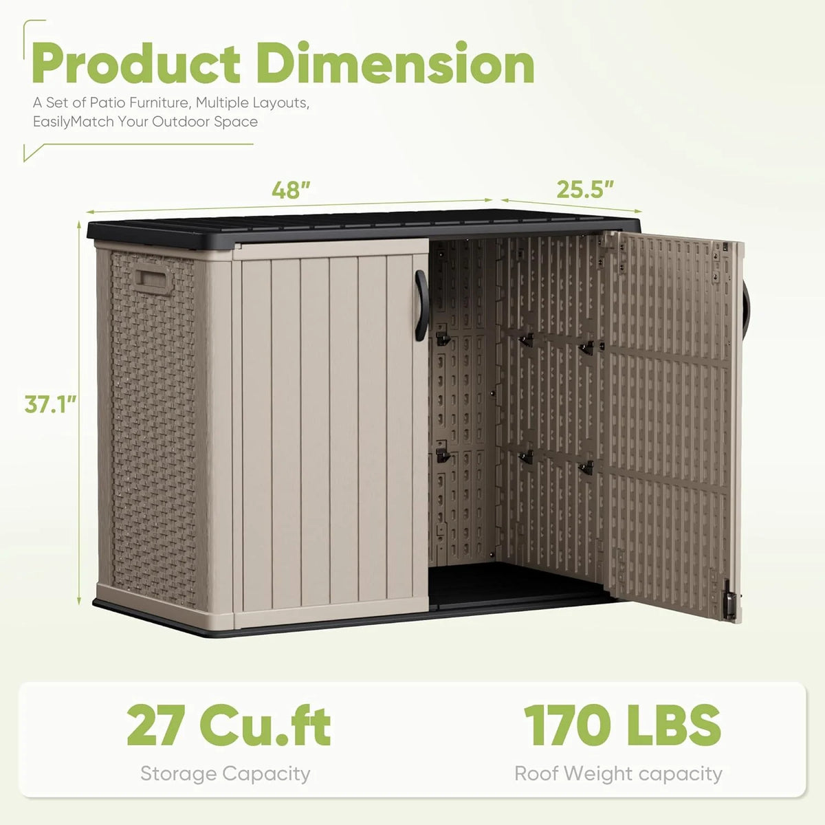 Devoko Outdoor Storage Cabinet 26 Cu Ft with Lockable Doors, Horizontal Storage Shed Waterproof Patio Tools Storage Box