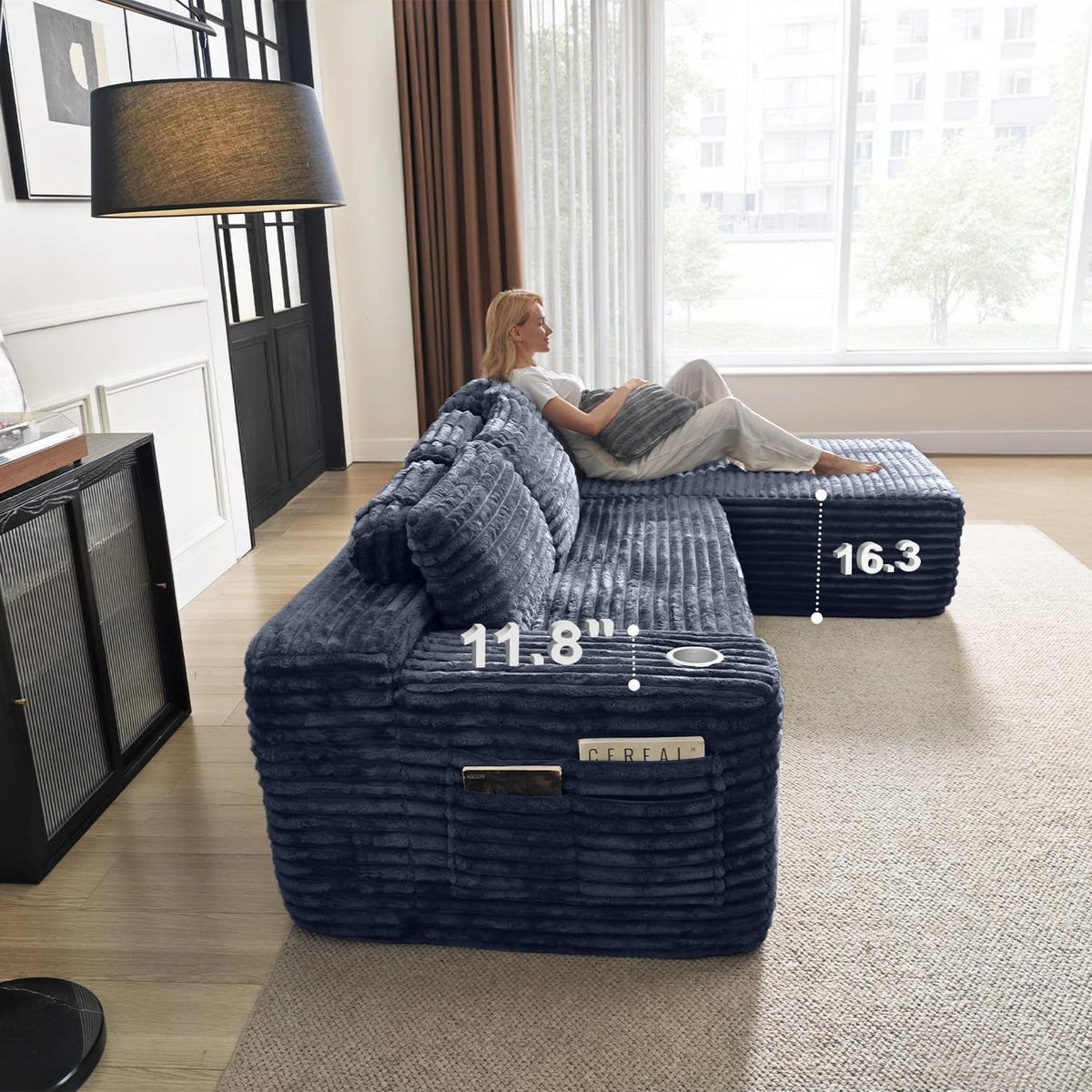 Cloud section sofa with L-shaped recliner modern modular sofa built-in cup holder