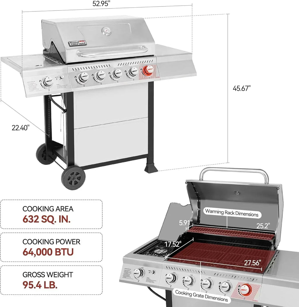 Royal Gourmet GA5401T 5-Burner Propane Gas Grill Sear Burner Side Burner Stainless Steel BBQ Grill