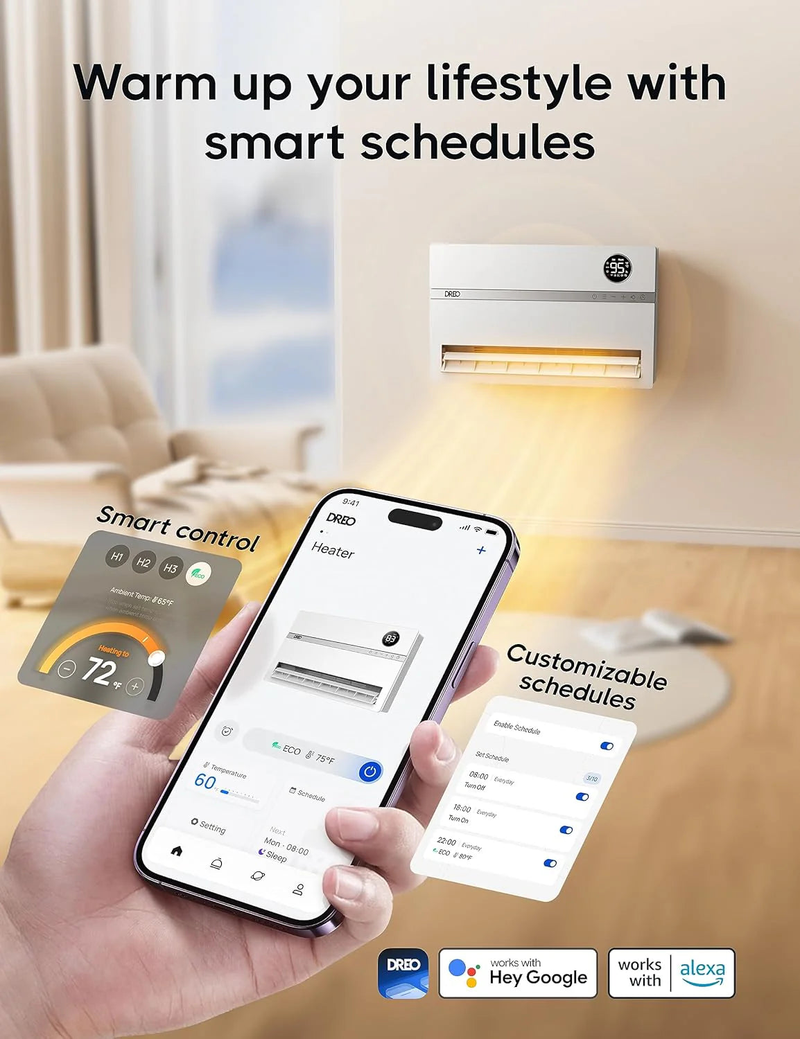 Smart wall mounted heater, bedroom electric heater, 1500W adjustable thermostat 24-hour timer easy to install indoor heater